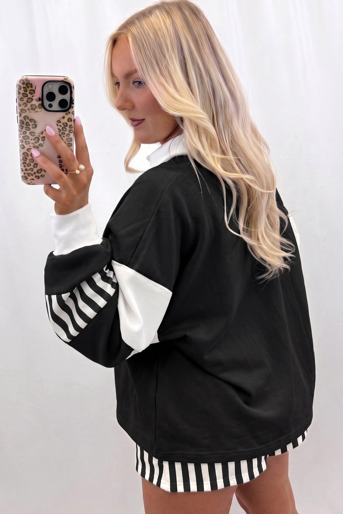 Women's Black Striped Color Block Pullover Top Drawstring Shorts Set