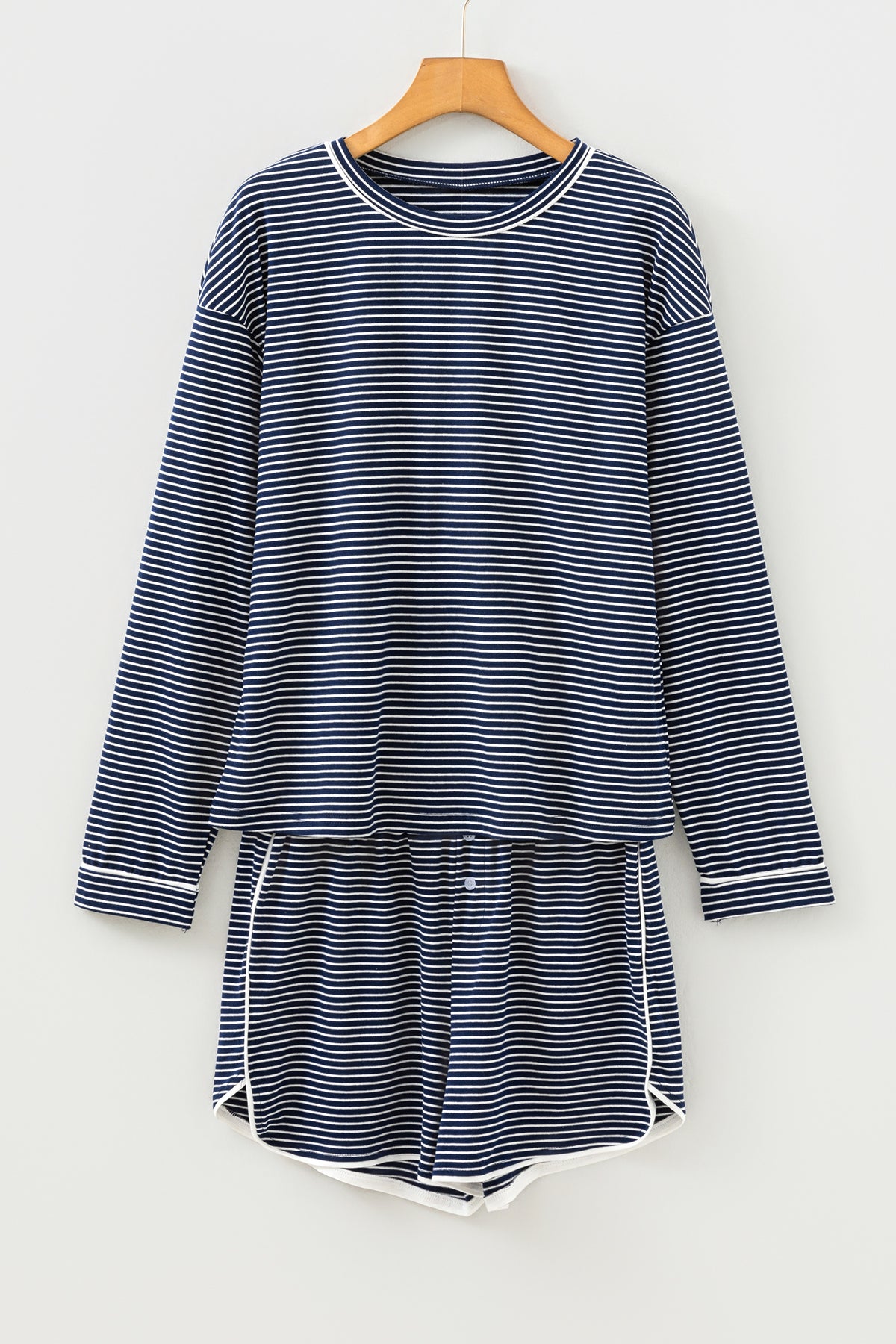 Blue Stripe Long Sleeve Tee and Buttoned Shorts Lounge Set