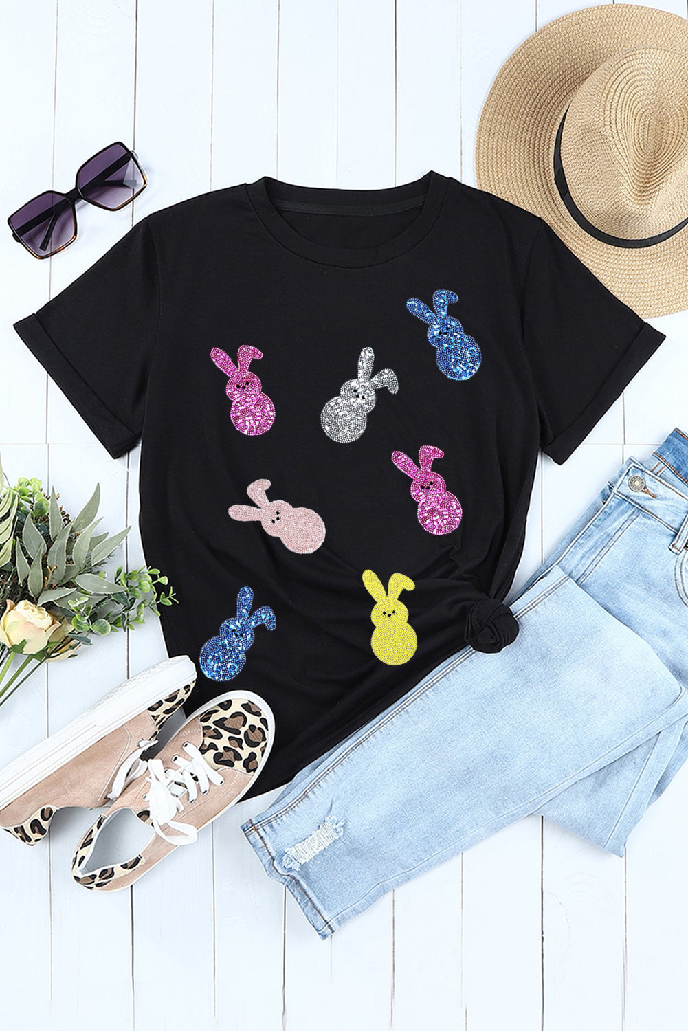 Black Sequin Bunny Doll Graphic Easter Day T-Shirt