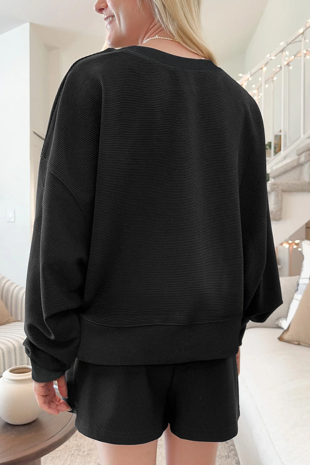 Women's Black Ribbed Texture Baggy Drop Shoulder Pullover and Shorts Set