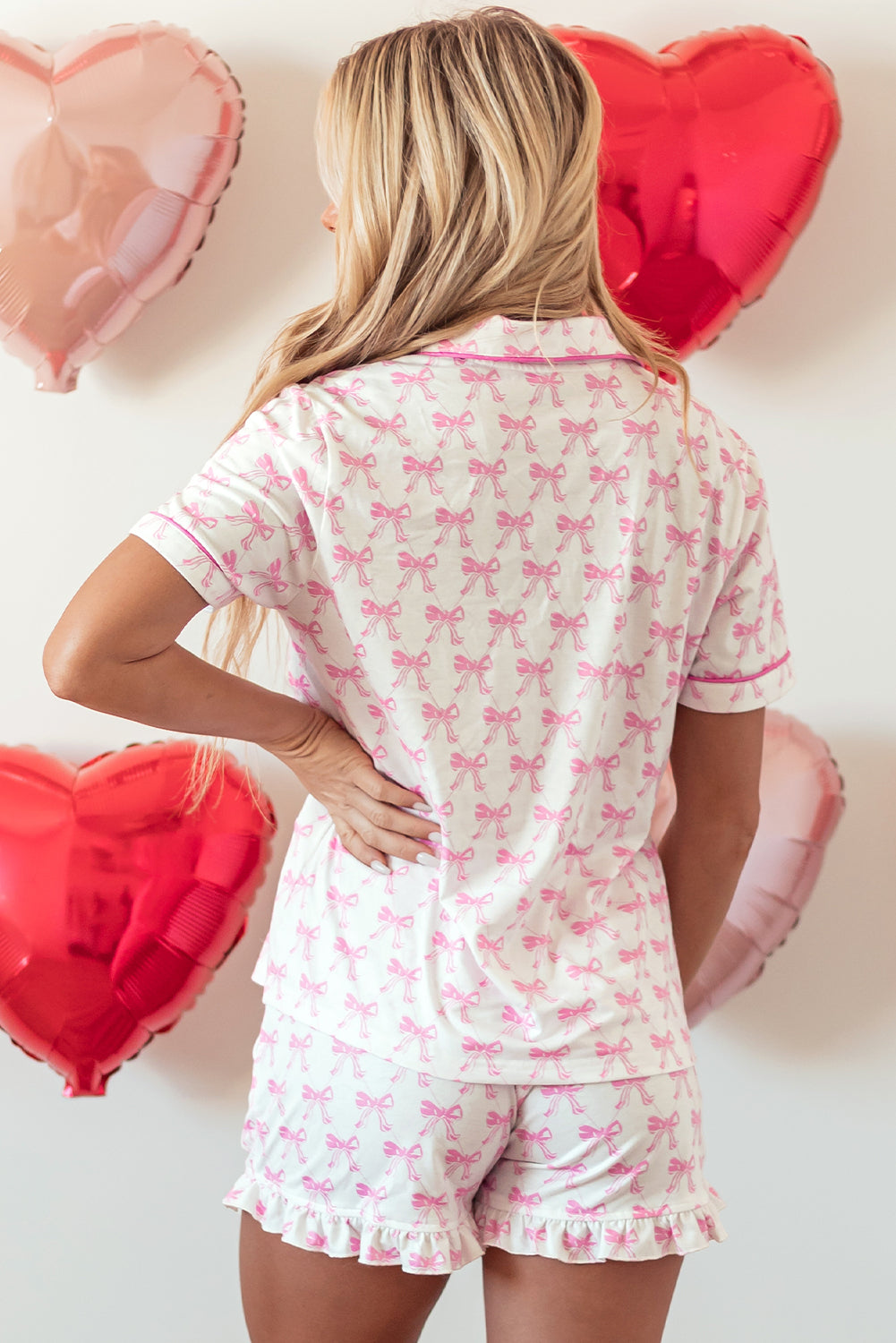Pink Bowknot Print Short Sleeve Shirt and Ruffled Shorts Pajama Set