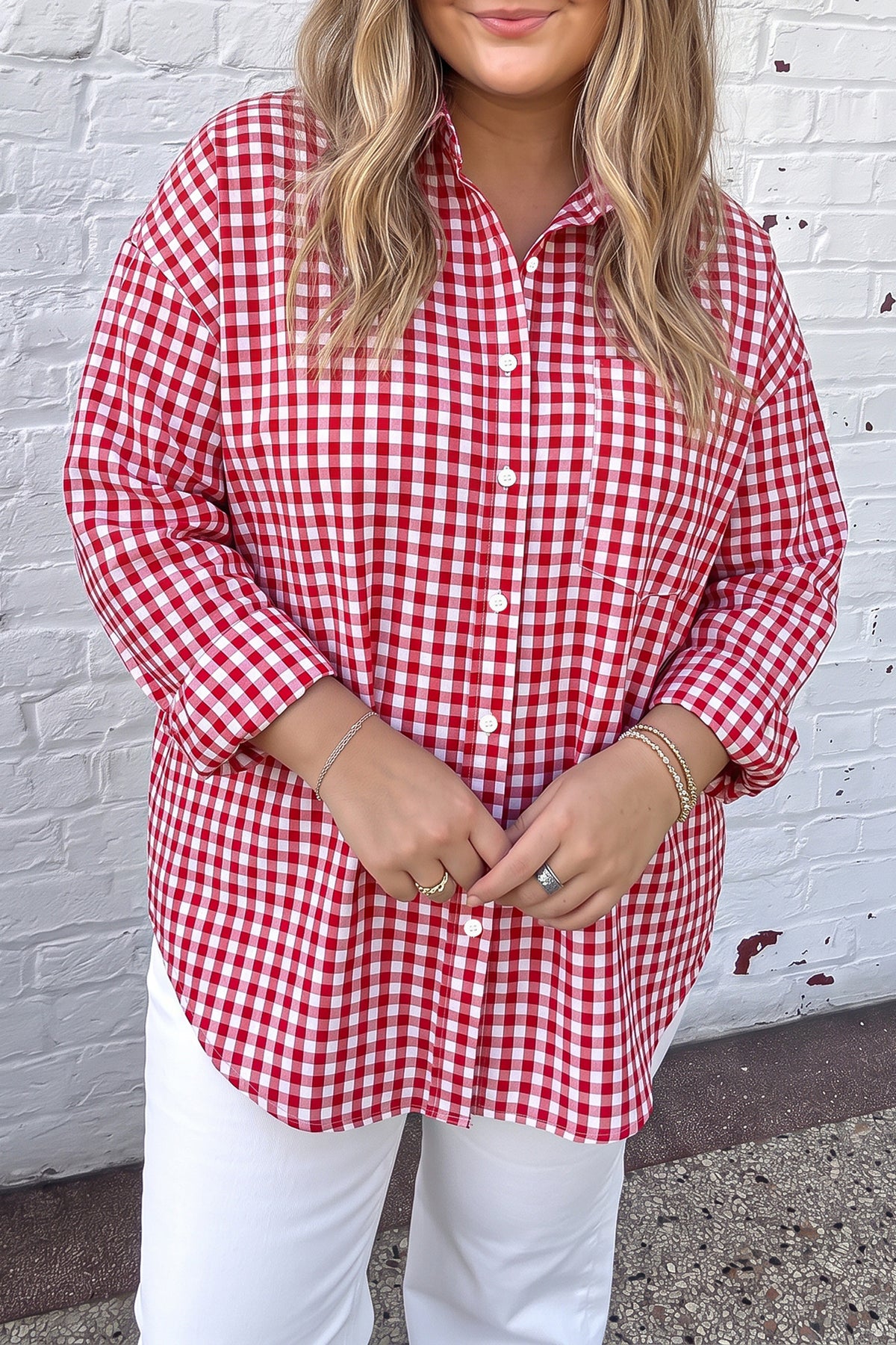 Red Plaid V-Neck Long-Sleeve Tunic Loose Fit Plus Size Shirt