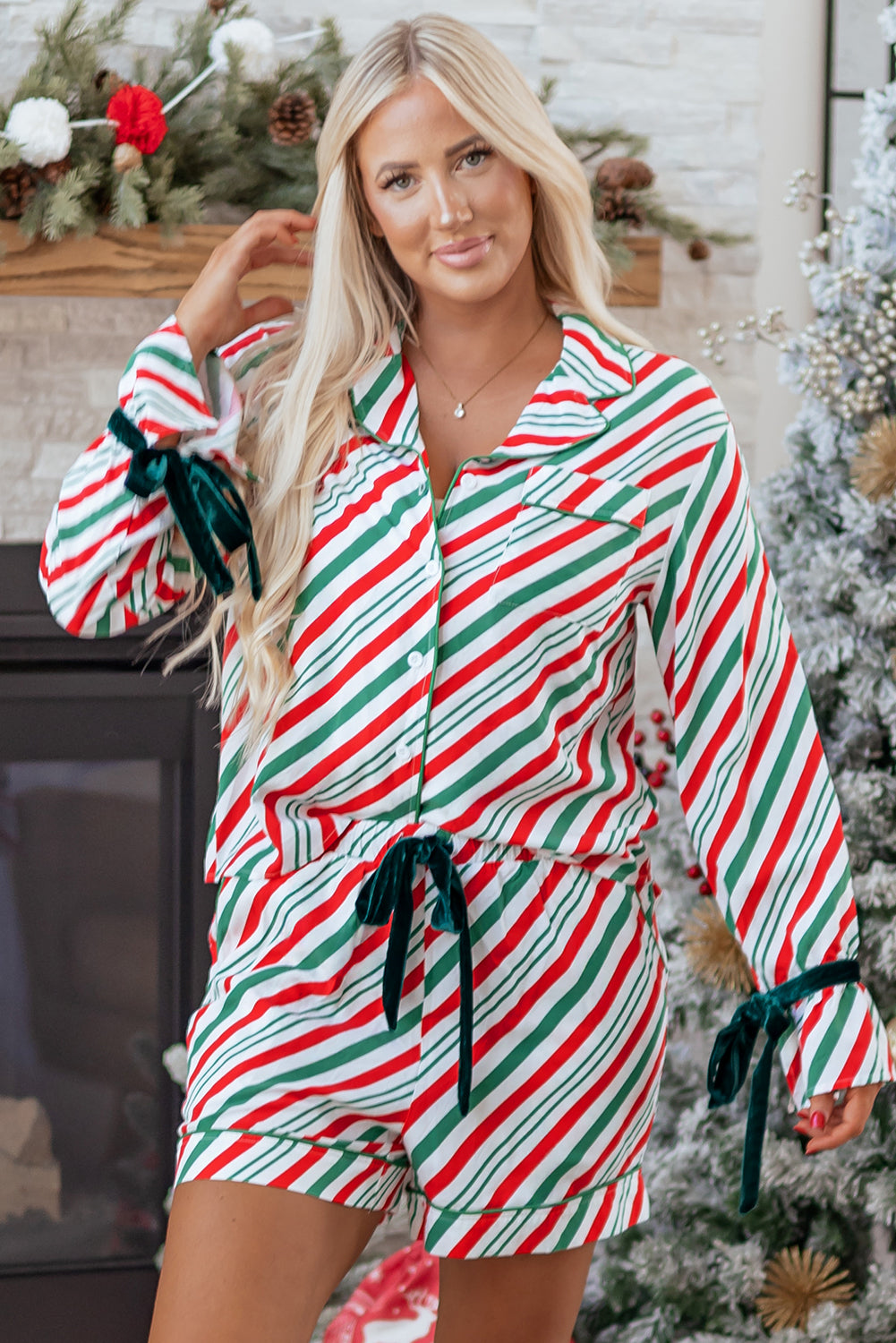 Green Stripe Contrast Velvet Ribbon Knot Christmas Pajama Set