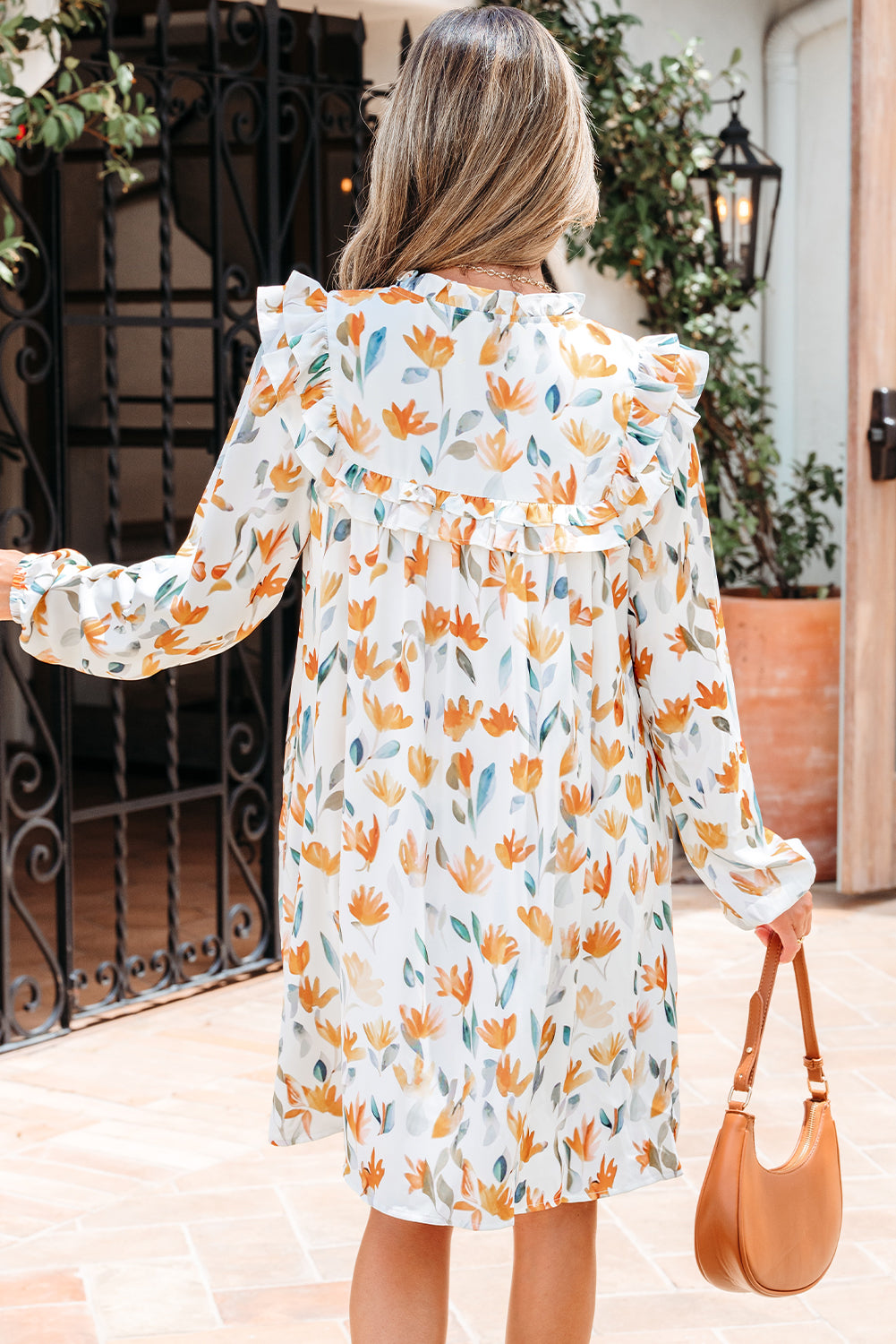 Yellow Floral Print Tie Neck Detail Long Sleeve Mini Dress