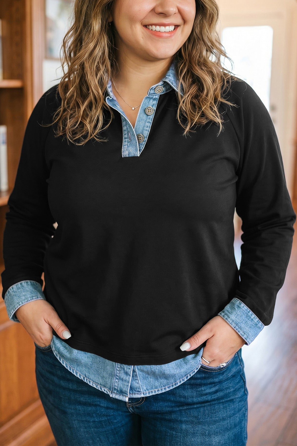 Black Solid Color-Block Long-Sleeve V-Neck Plus Size Blouse
