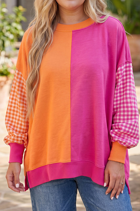 Rose Red Colorblock Gingham Sleeve Trendy Plus Size Sweatshirt