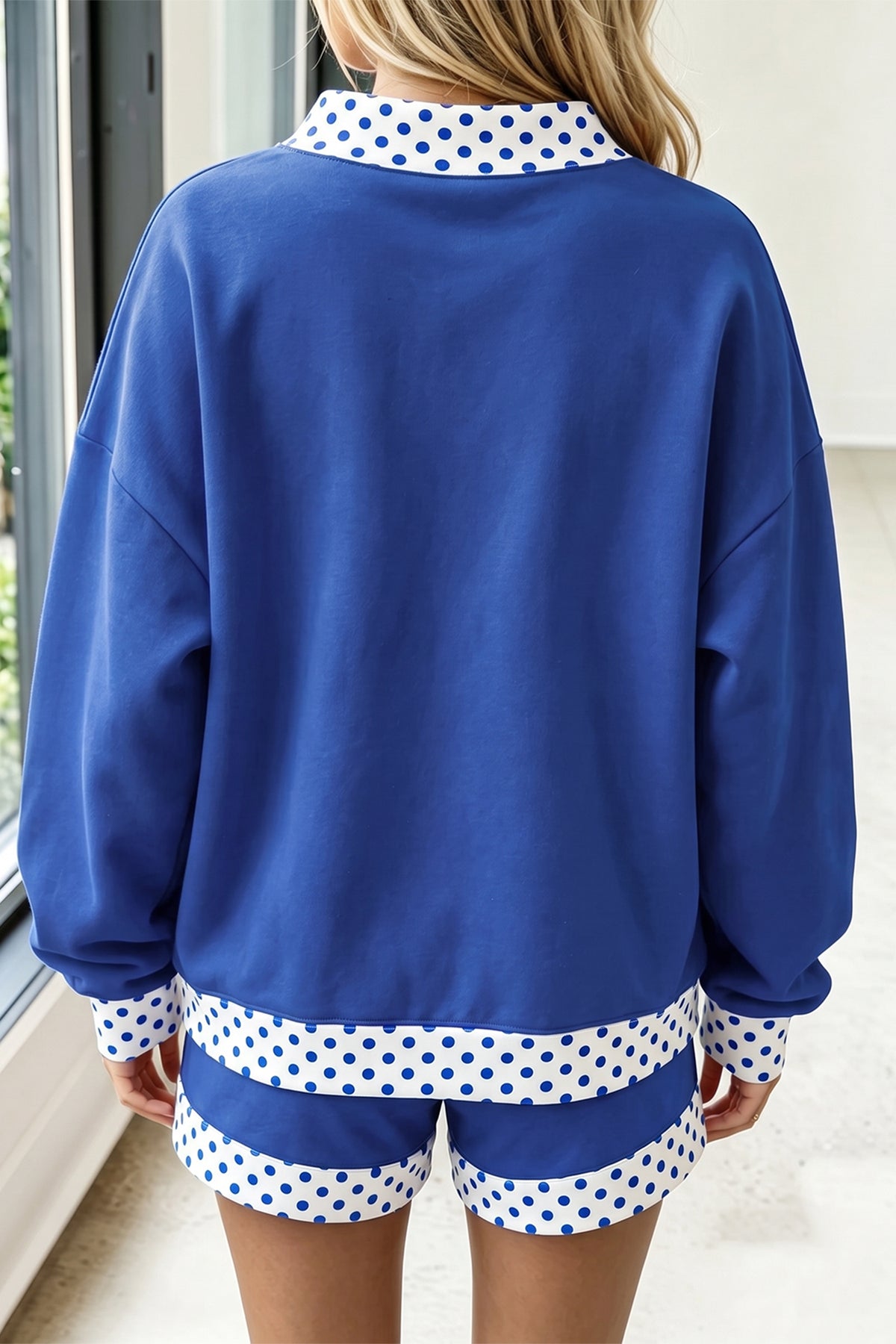 Women's Navy Blue Polka Dot Trim Baggy Pullover Two-Piece Shorts Set
