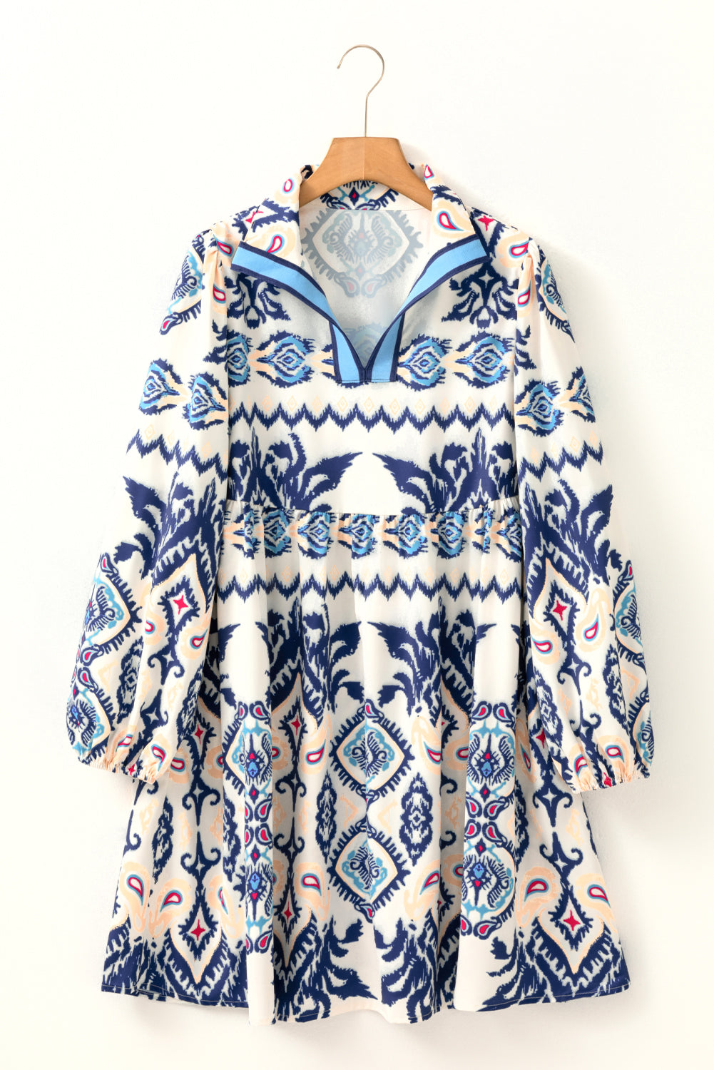 Blue Ethnic Print Striped Split Neck Long Sleeve Flowy Mini Dress