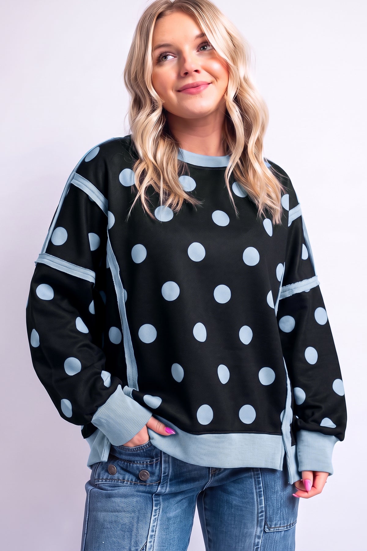 White Polka Dot Contrast Patchwork Round Neck Sweatshirt
