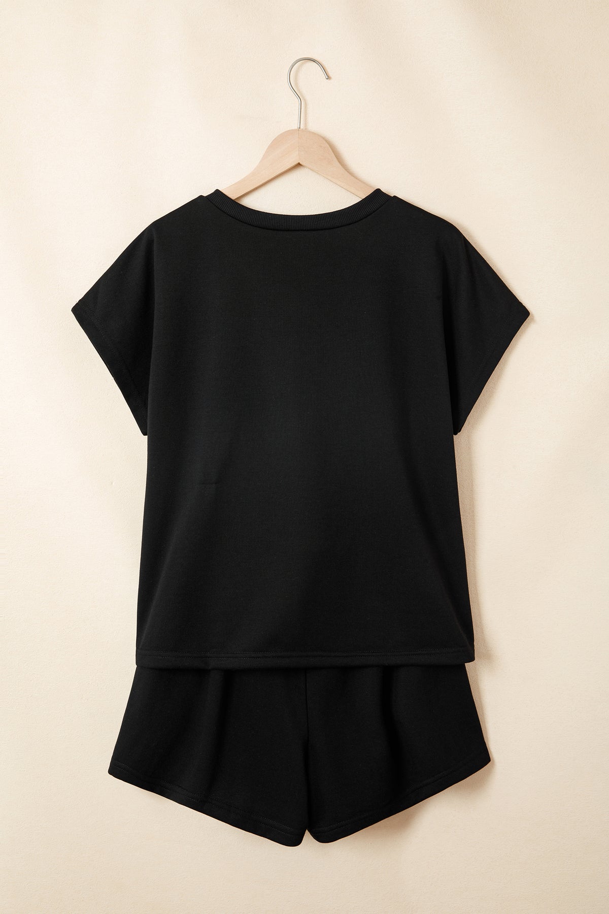 Women's Black Contrast Leopard Bow Patched V-Neck Tee Shorts Two-Piece Outfit Set