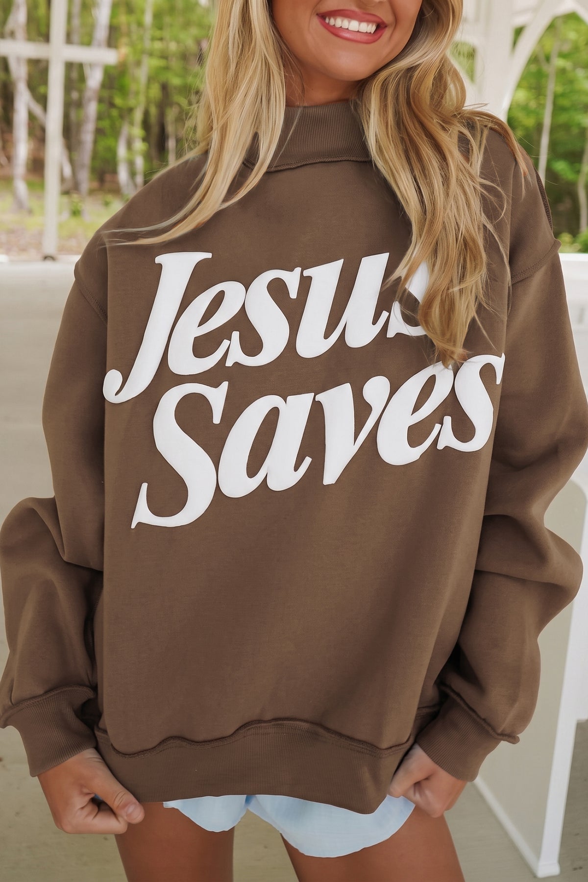 Fiery Red Jesus Saves Slogan Print Stand Neck Sweatshirt