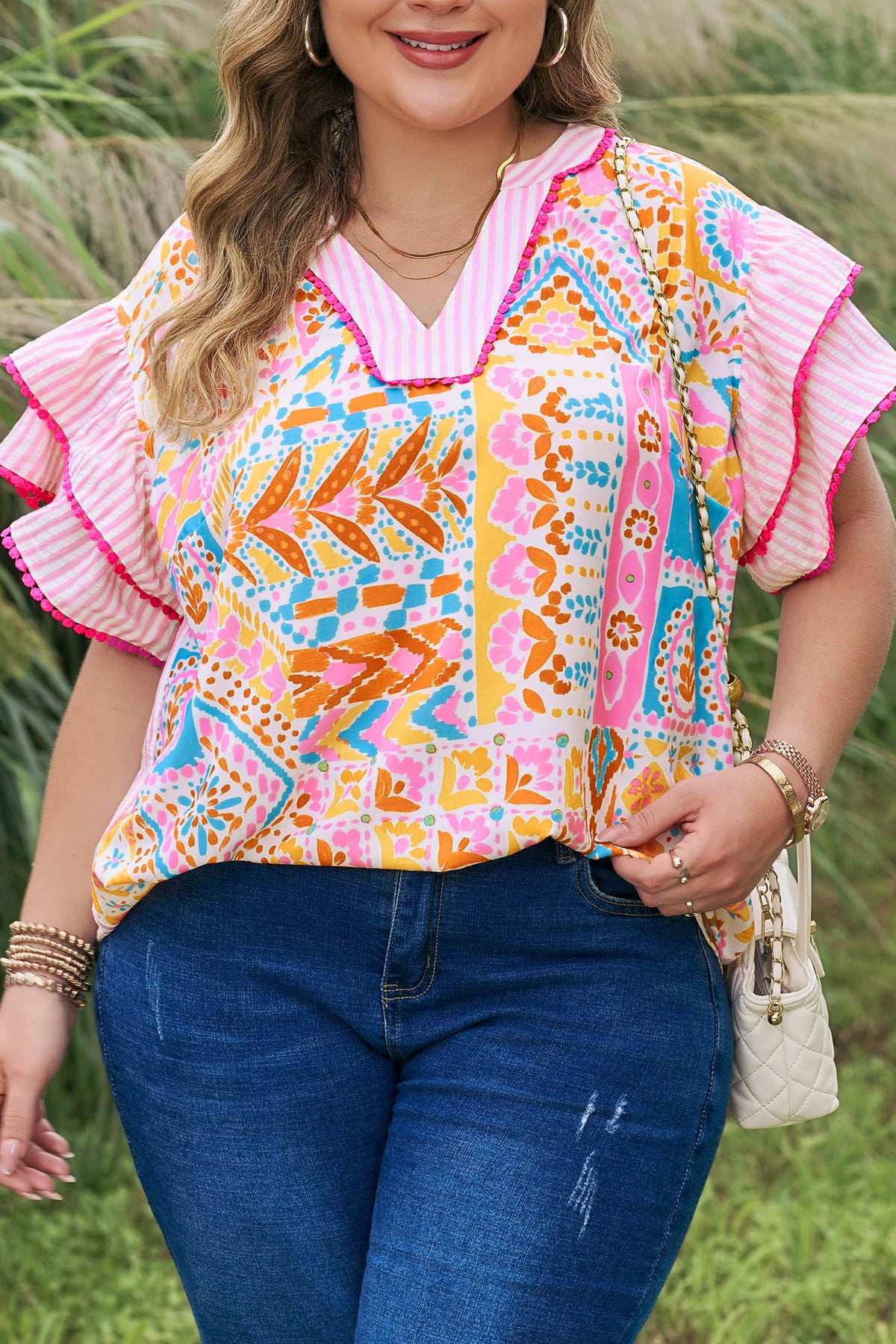 Rose Plus Size Geometric Print Contrast Trim Striped V-Neck Blouse