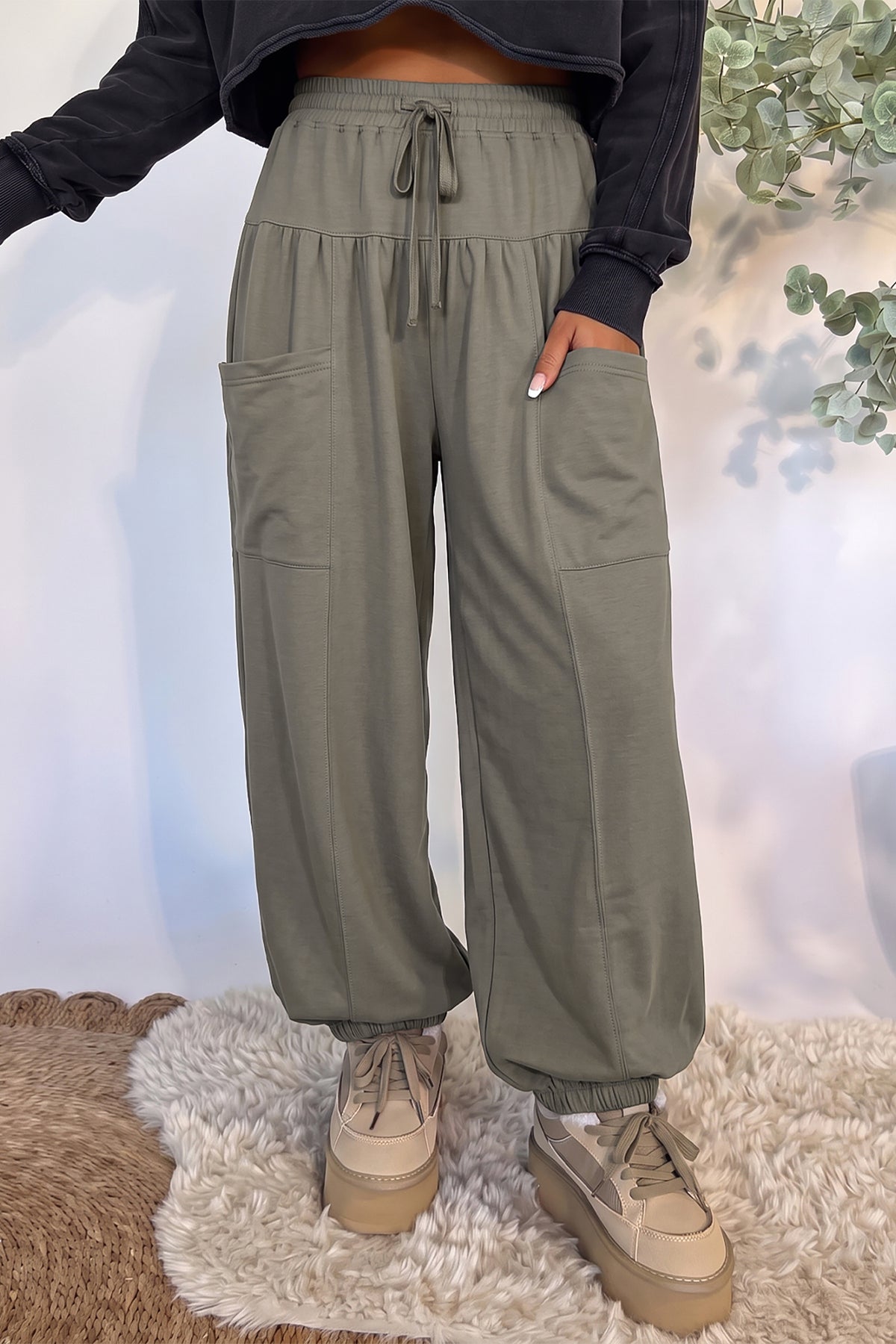 Dirty blue Elastic Waist Drawstring Wide Leg Full-Length Pants