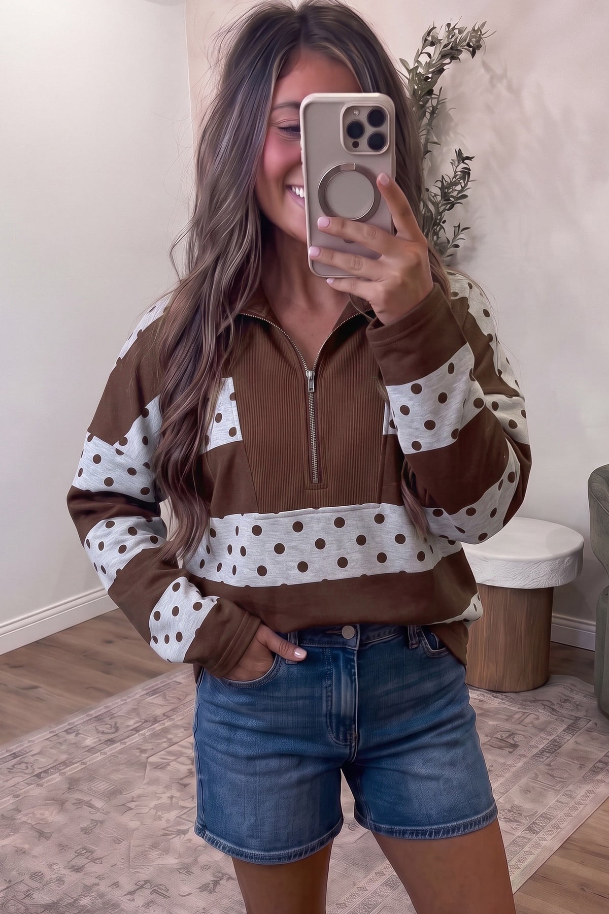 Brown Stripe Patchwork Polka Dot Accent Quarter Zip Top