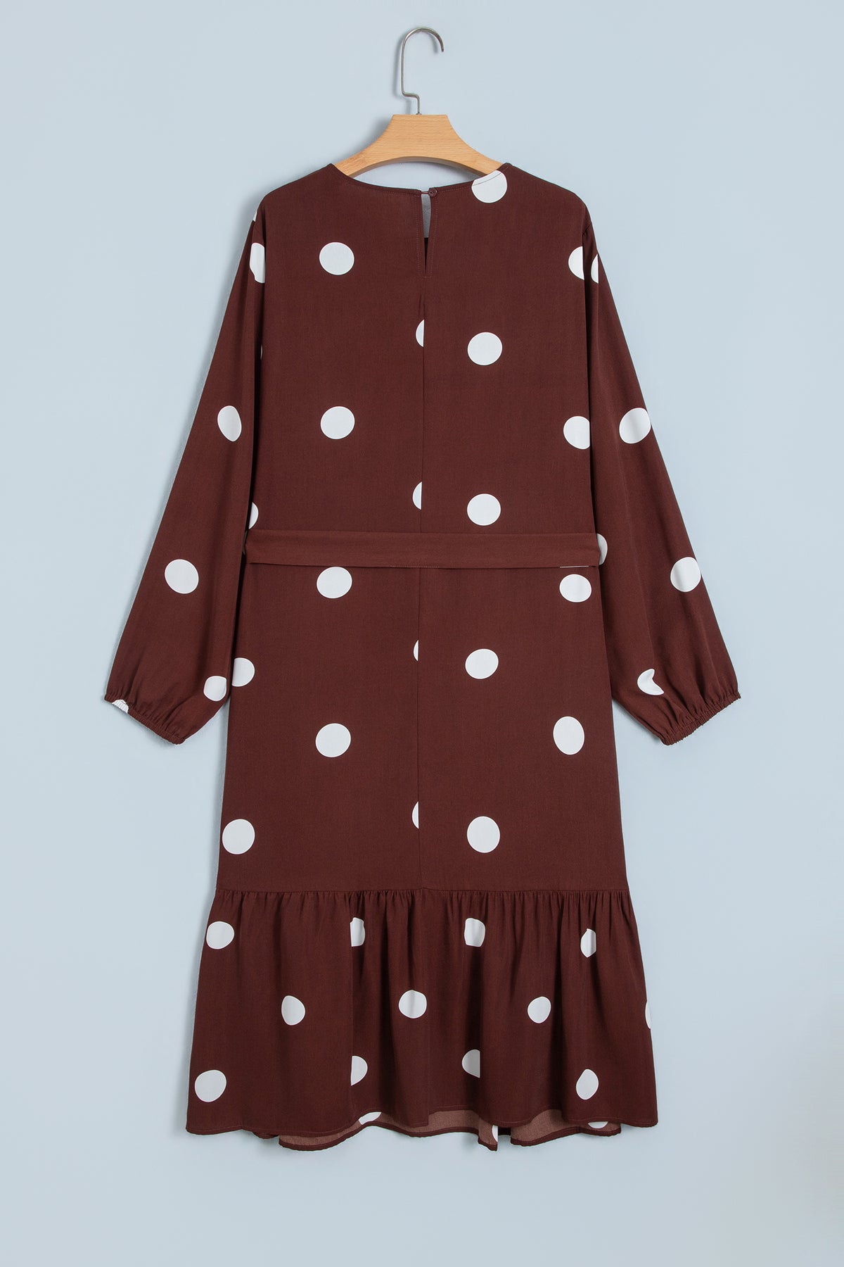 Brown Polka Dot Ruffled Hem Long-Sleeve Tie-Waist Plus Size Dress