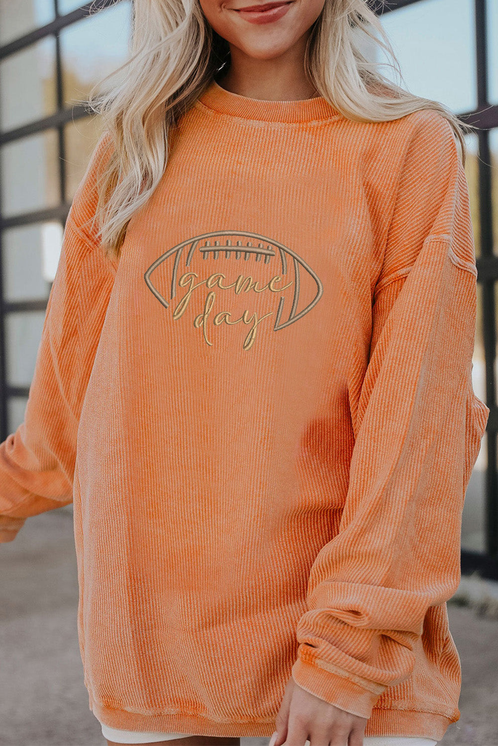 Apricot Rugby Game Day Embroidered Corduroy Sweatshirt