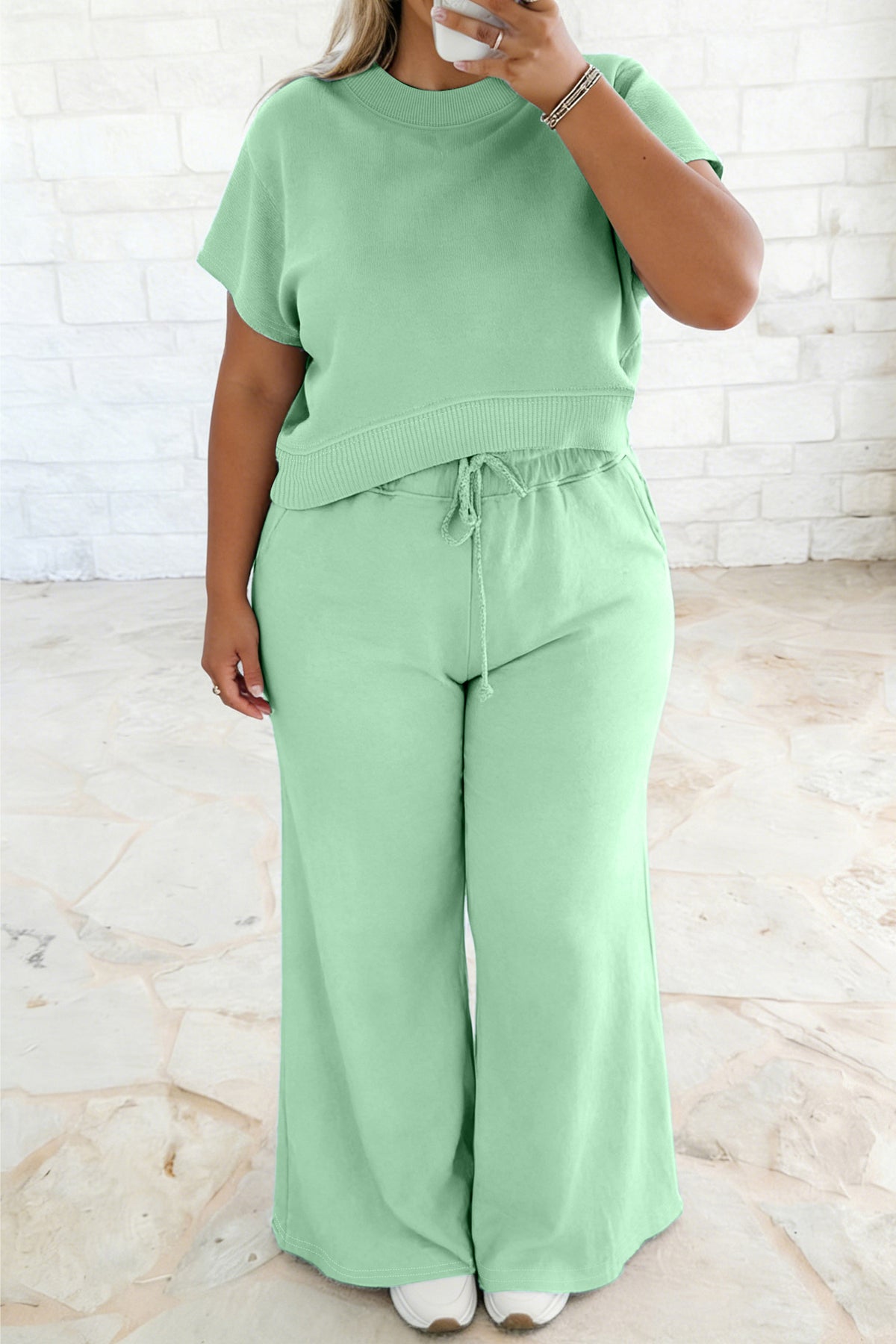 Mist Blue Solid Color Ribbed Trim Short-Sleeve Top Drawstring Loose Pants 2pcs Outfit