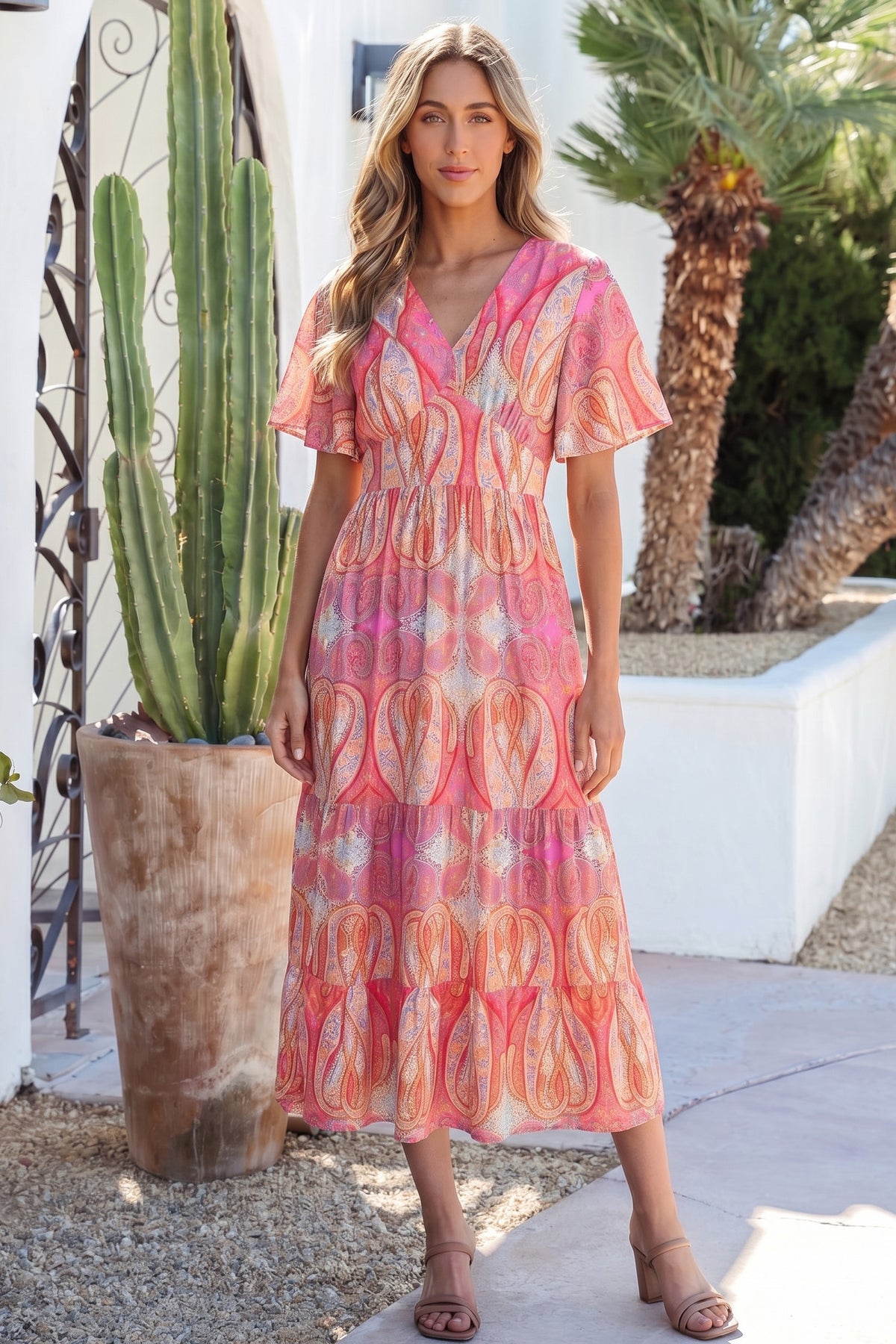 Multicolour Paisley Ruffle V-Neck Maxi Dress