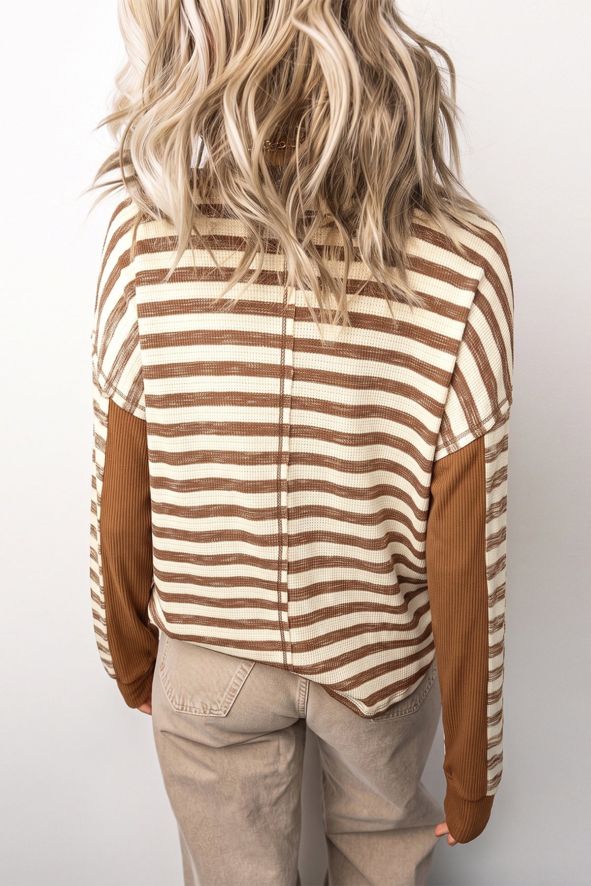 Brown Stripe Textured Knit Color Block Trim Round Neck Top