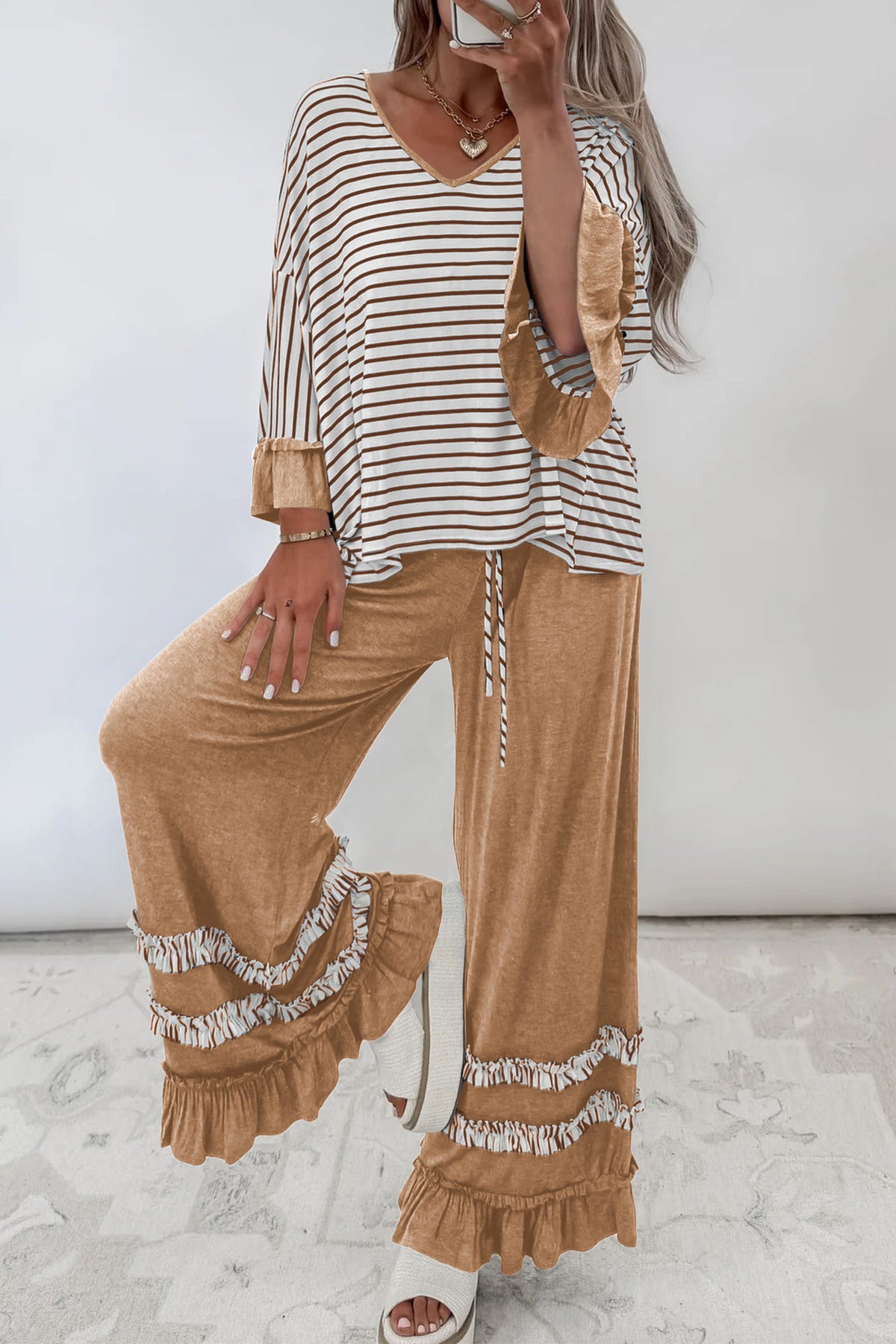 Women's Khaki Stripe V-Neck Ruffle Contrast Sleeve Top Drawstring Pants Two-Piece Set