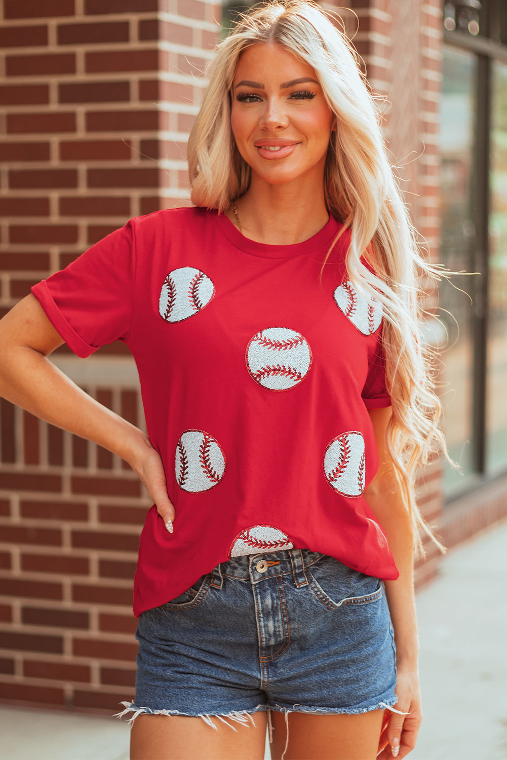Red Glittering Rugby Pattern Crew Neck Game Day T-Shirt