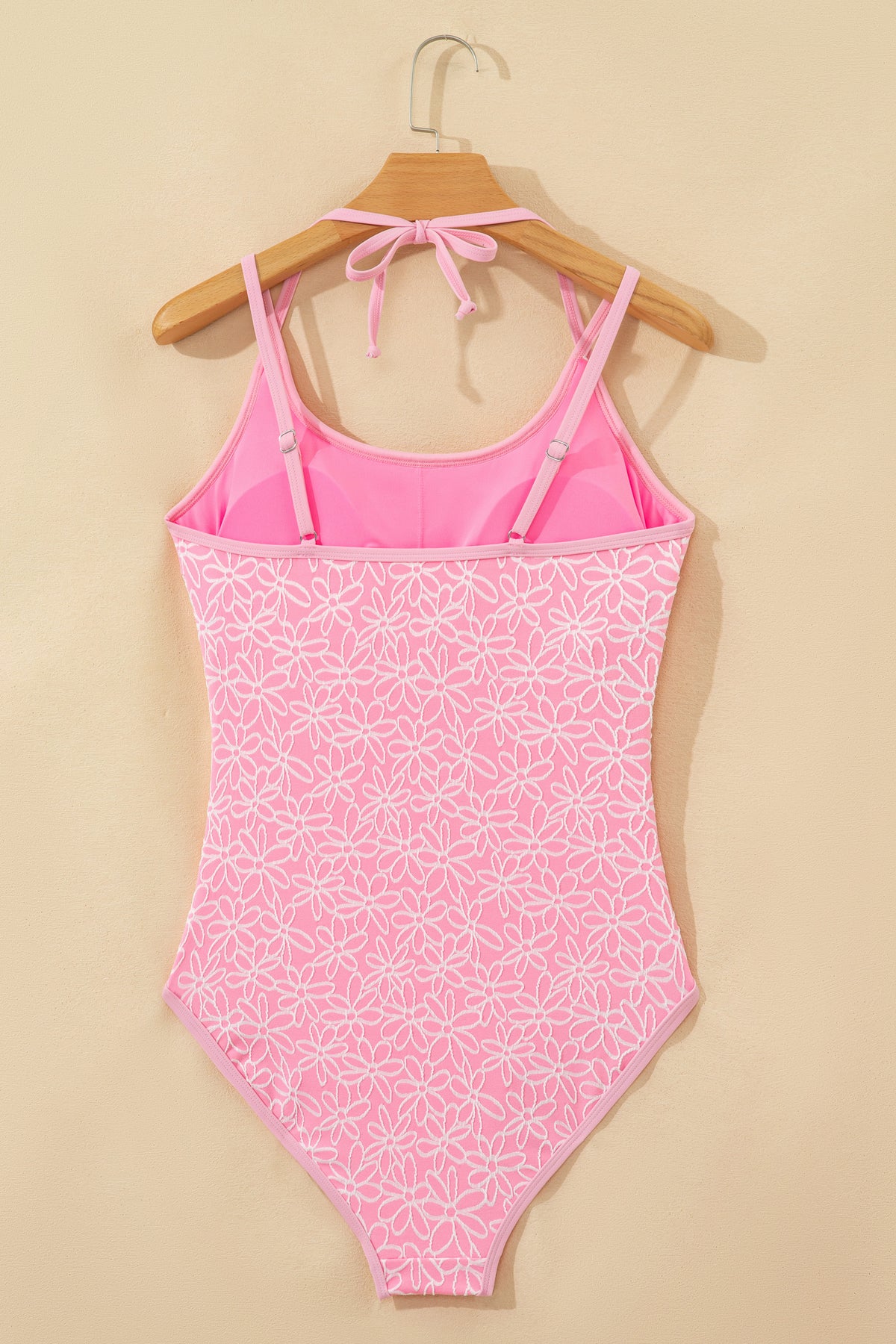 Pink Floral-Texture Halter One-Piece