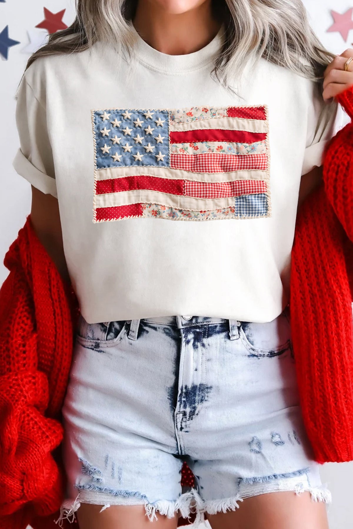 White Faux Patchwork Printed US Flag Casual Tee