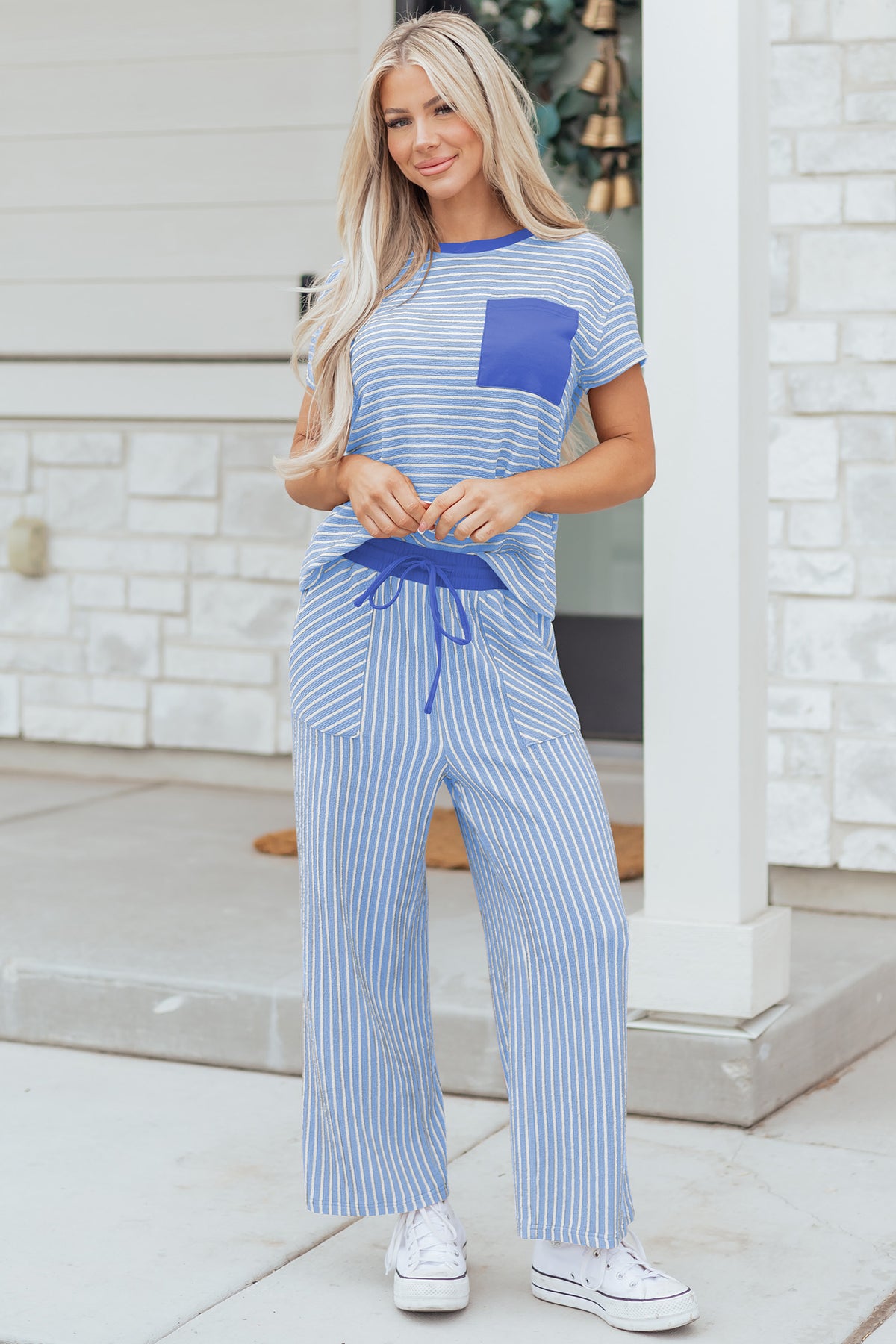 Women's Green Stripe Crewneck Tee Waist Cropped Pants Set