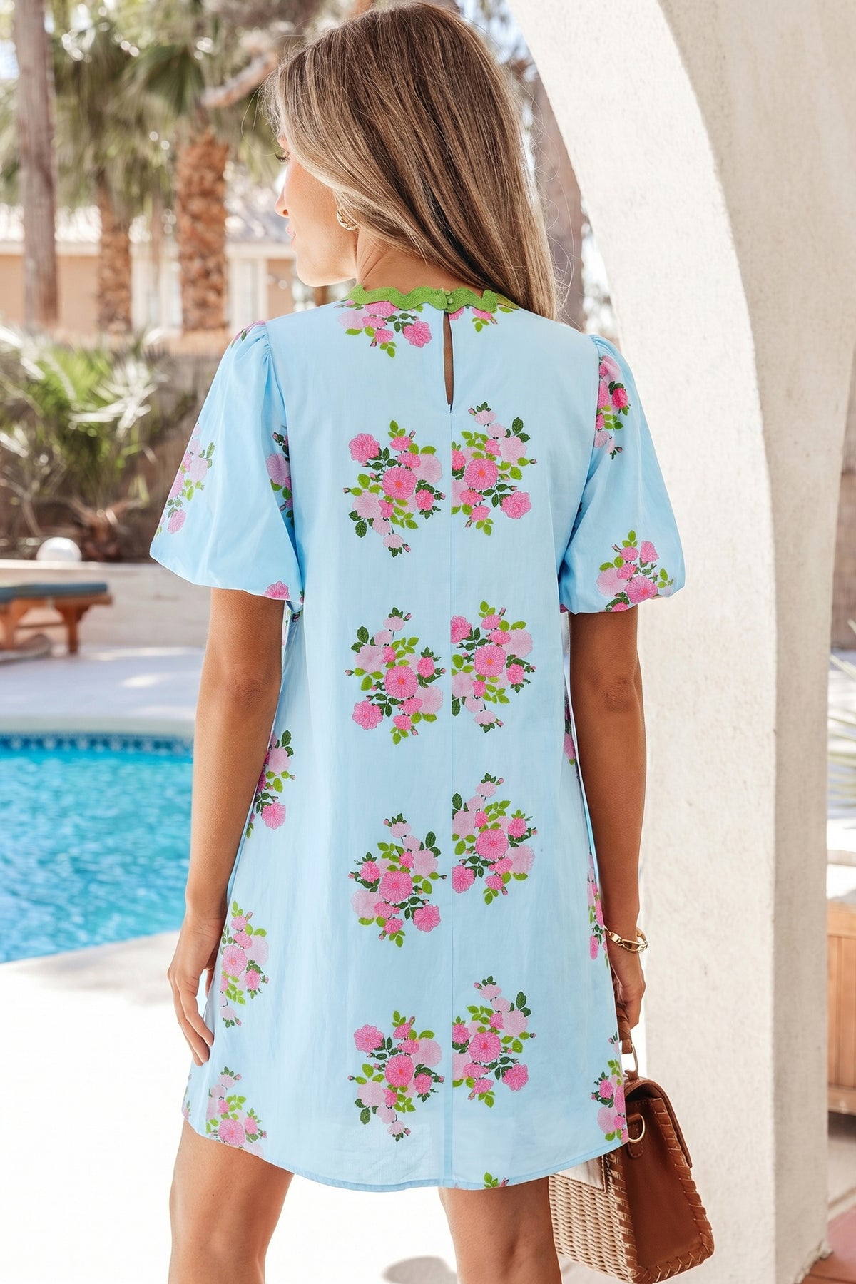Sky Blue Floral Contrast Ricrac Detail Bubble Sleeve Dress