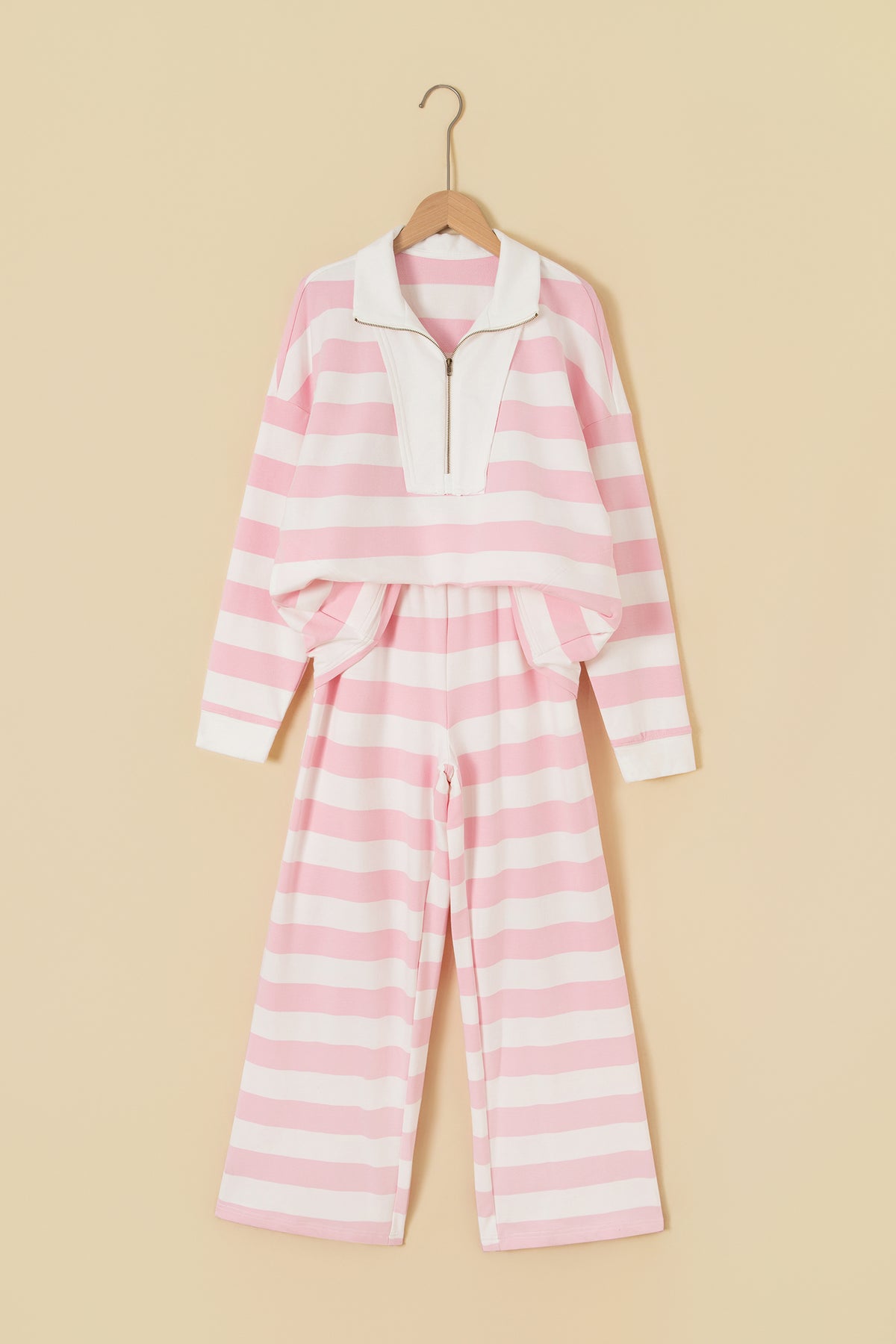 Women's Pink Stripe Color Block Patchwork Zip Long-Sleeve Top Pants Set