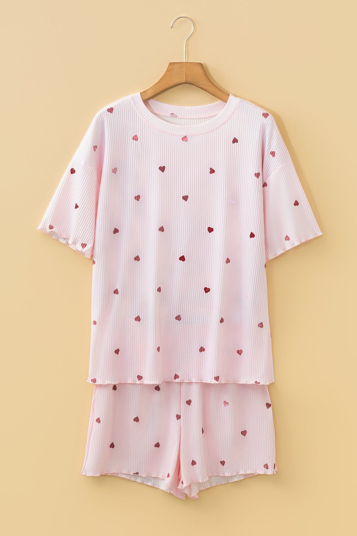 Light Pink Valentine Heart Print Ribbed Knit Short Lounge Set