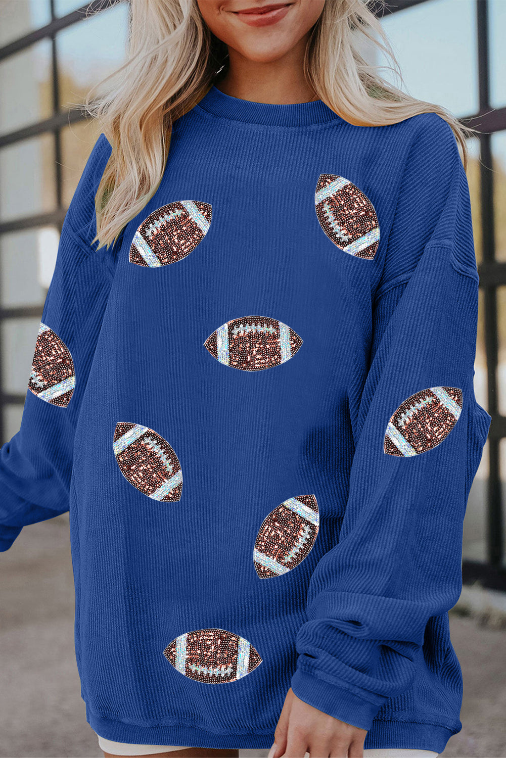 Dark Blue 3D Ribbed Texture Sequin Rugby Patched Baggy Sweatshirt