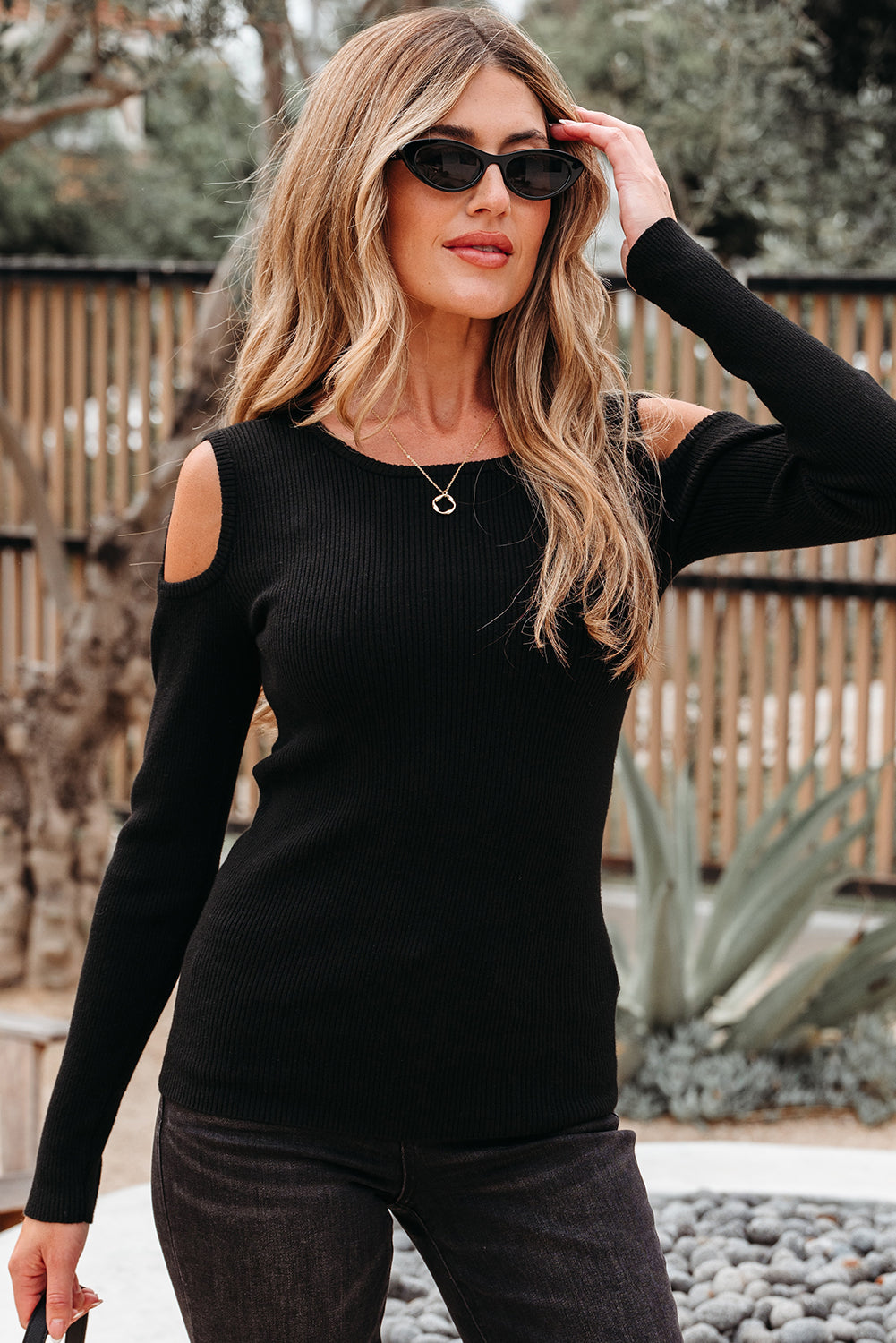 Black Ribbed Knit Cold Shoulder Sweater