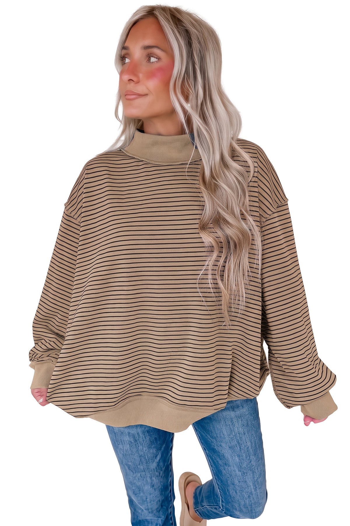Khaki Stripe Ribbed Mock Neck Oversized Sweatshirt