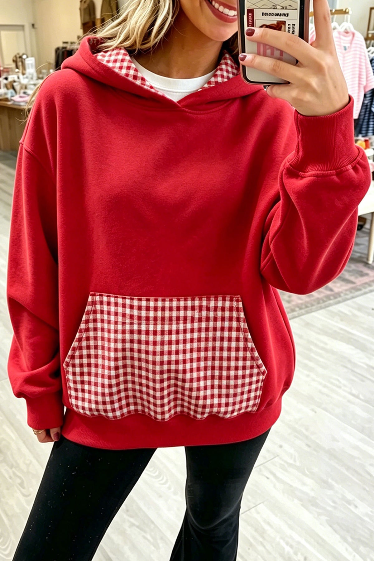 Racing Red Plaid Patchwork Front Pocket Hoodie