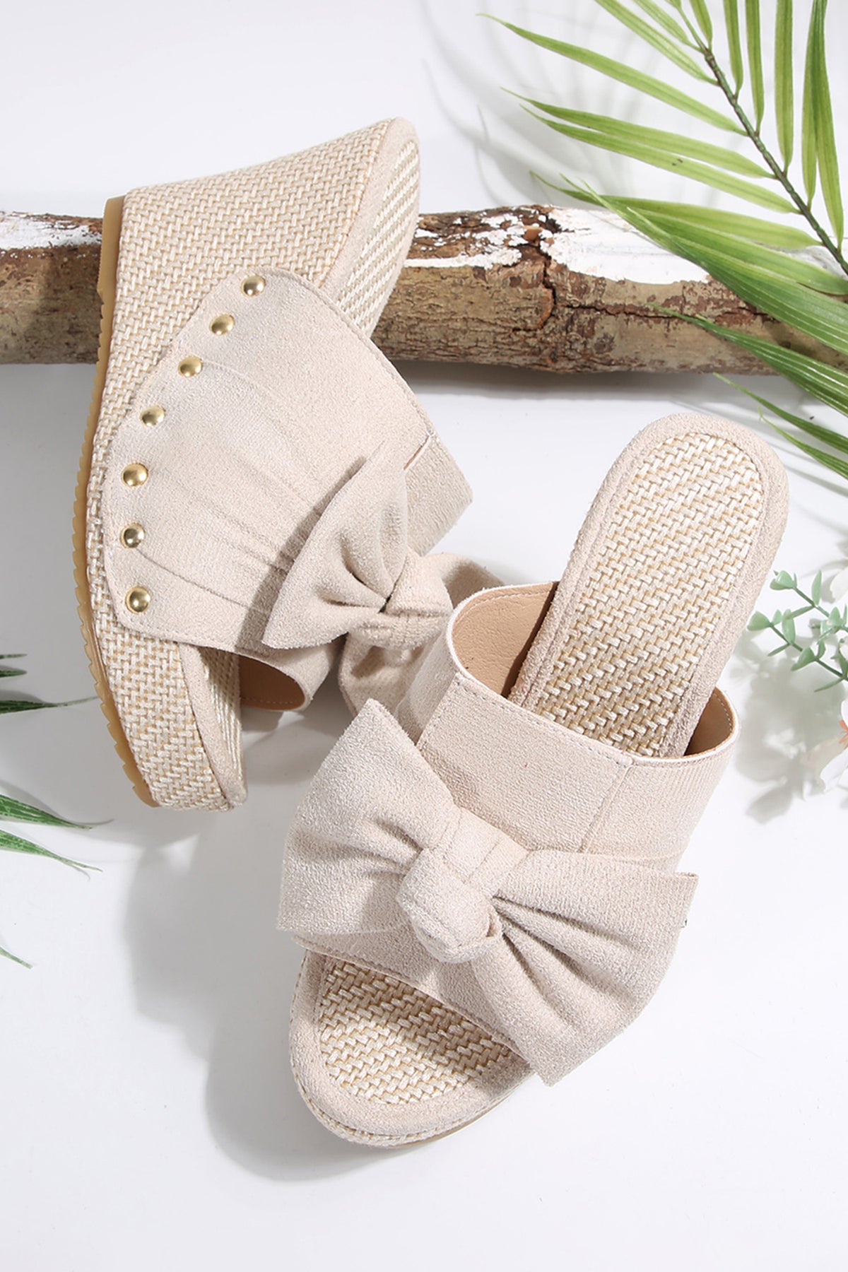 Oatmeal Bow-Knot Studded Wedge Sandals