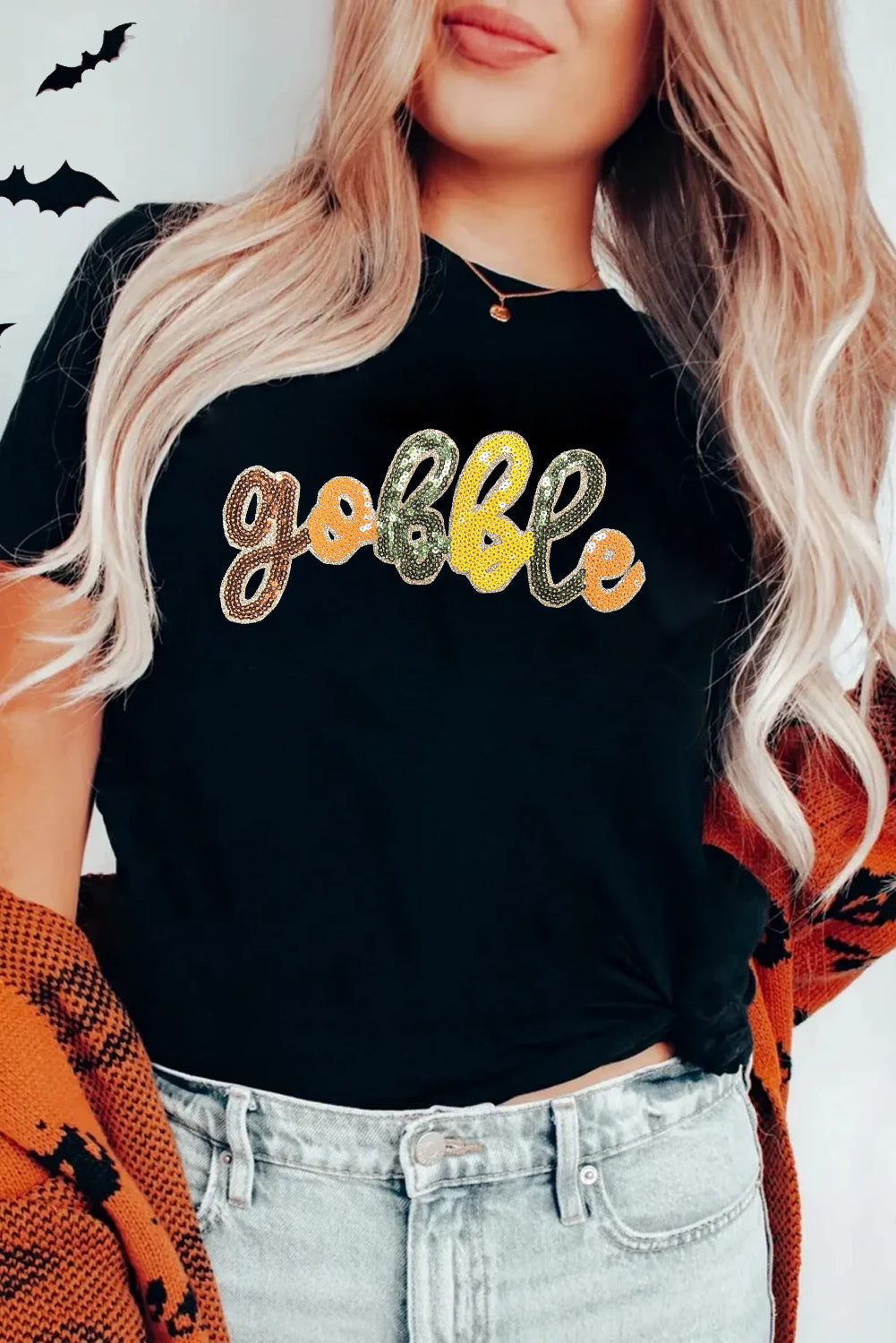 Black gobble Sequin Letter Graphic Thanksgiving T-Shirt