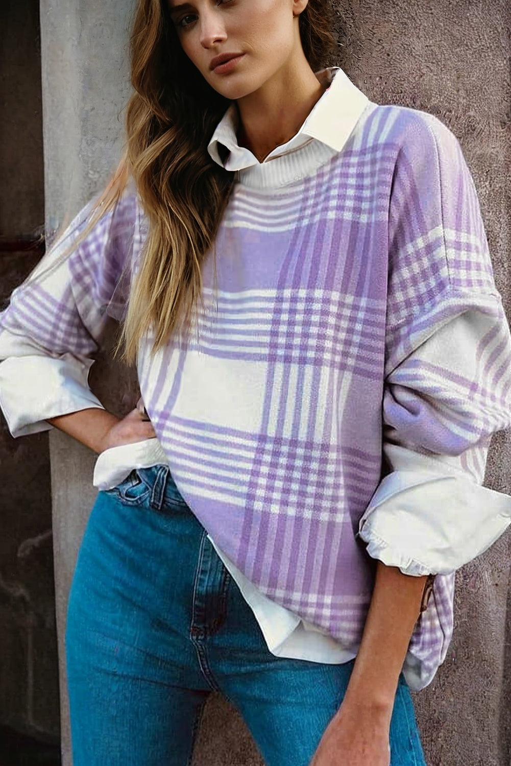 Lilac Plaid Print Ribbed Trim Loose Sweater