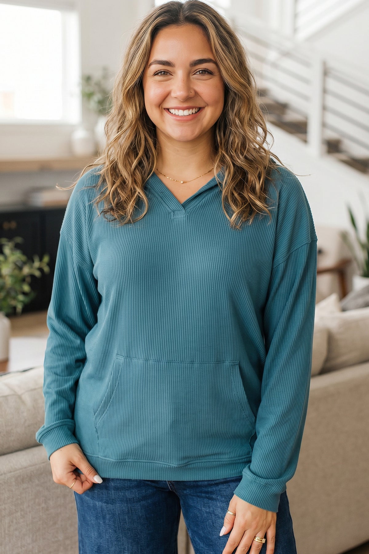 Lapis Ribbed Drop-Shoulder Long-Sleeve Plus Size Blouse