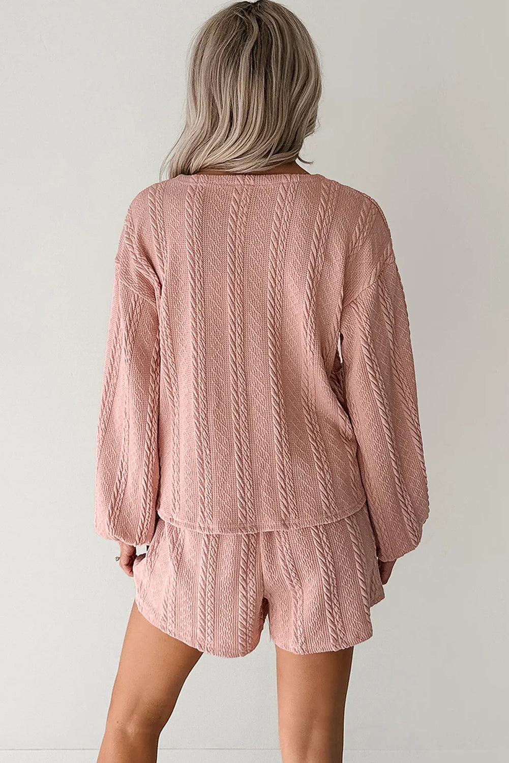 Women's Gossamer Pink Cable Knit V-Neck Cardigan Shorts Set
