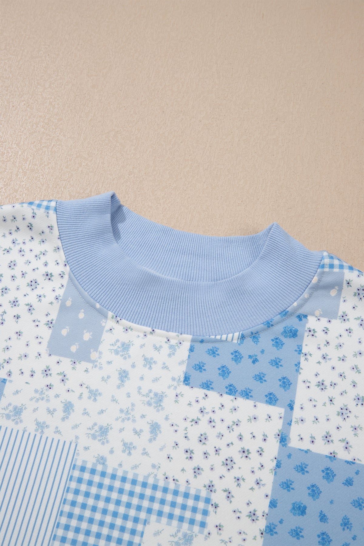 Sky Blue Patchwork Floral Print Stand Neck Long-Sleeve Two-piece Outfit Plus Size Set