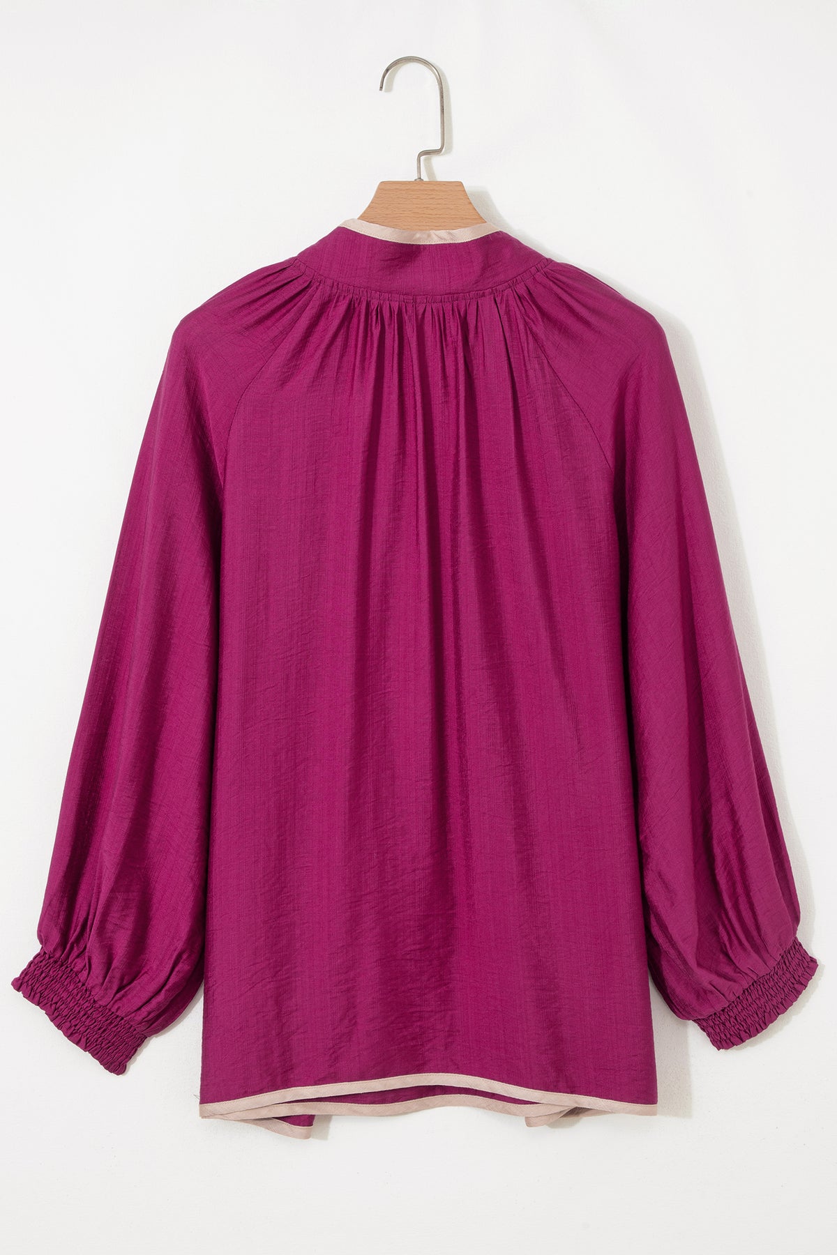 Wild Ginger Plus Size Contrast Trim Button V-Neck Puffy Bracelet Sleeve Blouse