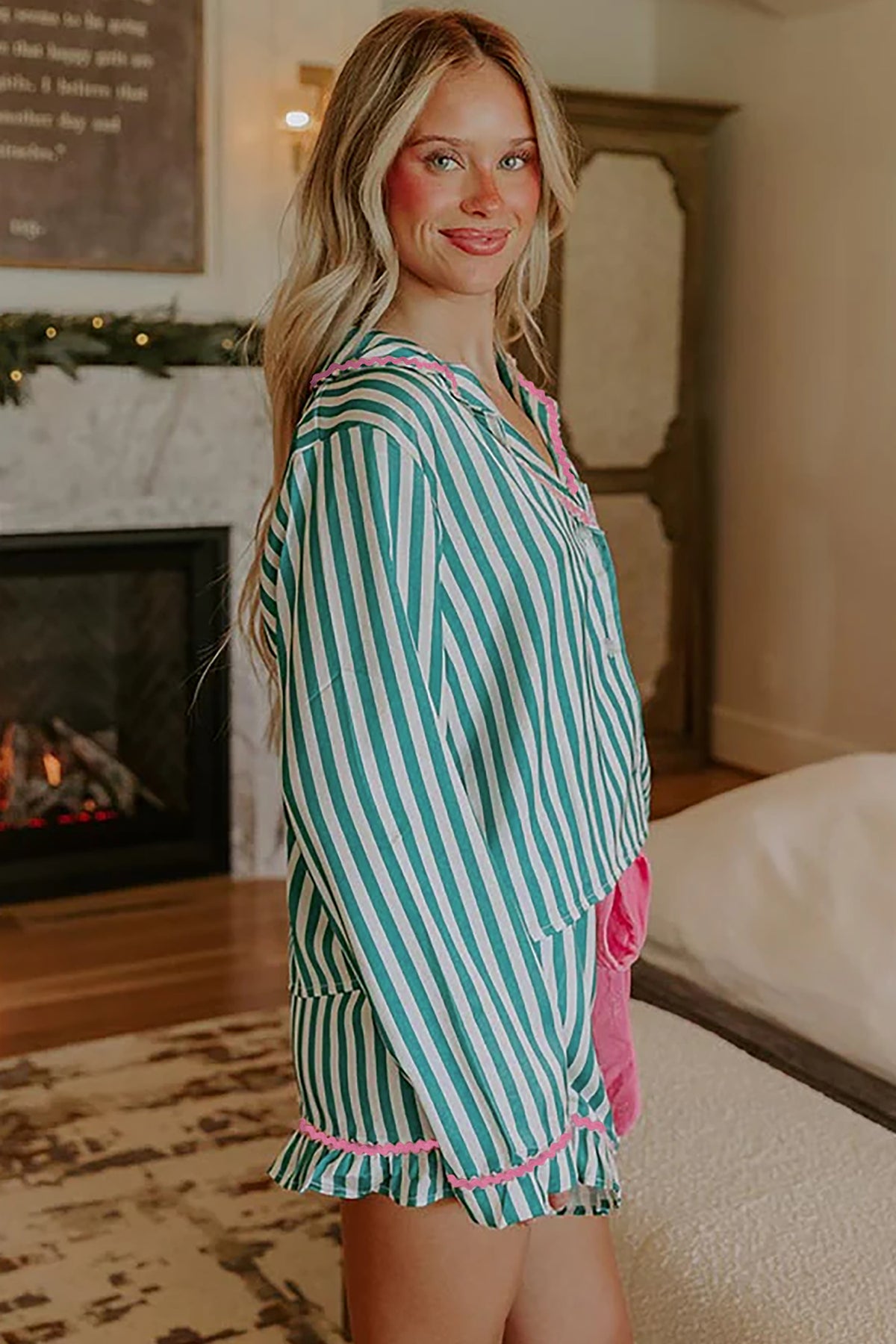 Green Stripe Ricrac Trim Long Sleeve Shirt and Ruffled Shorts Pajama Set