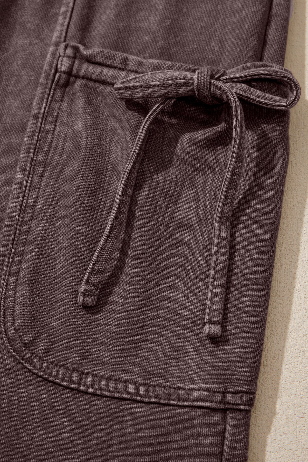 Dark Brown Cotton Mineral Wash Elastic Waist Drawstring Tie Cargo Pants