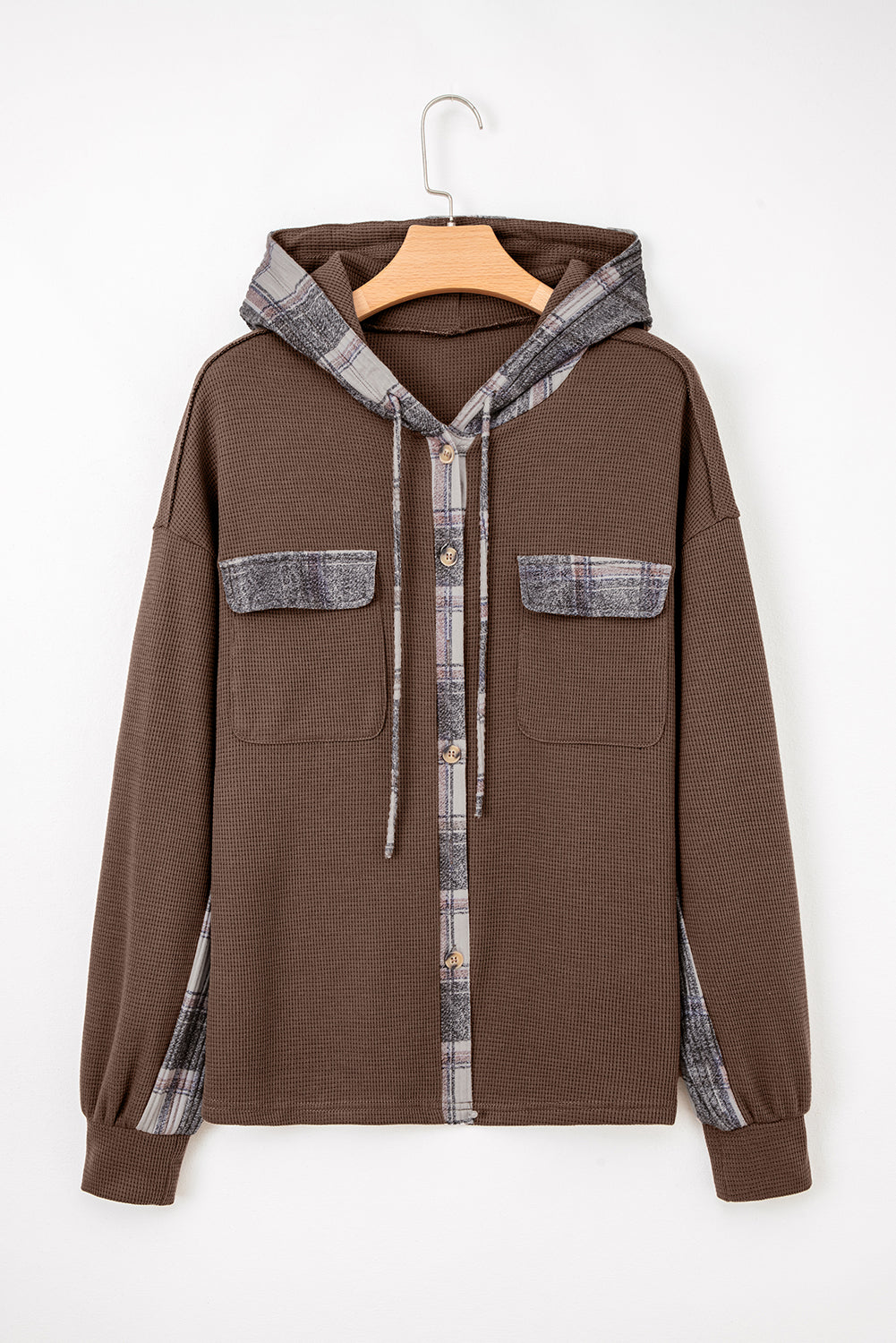 Brown Plaid Patchwork Button Down Drawstring Hooded Shacket