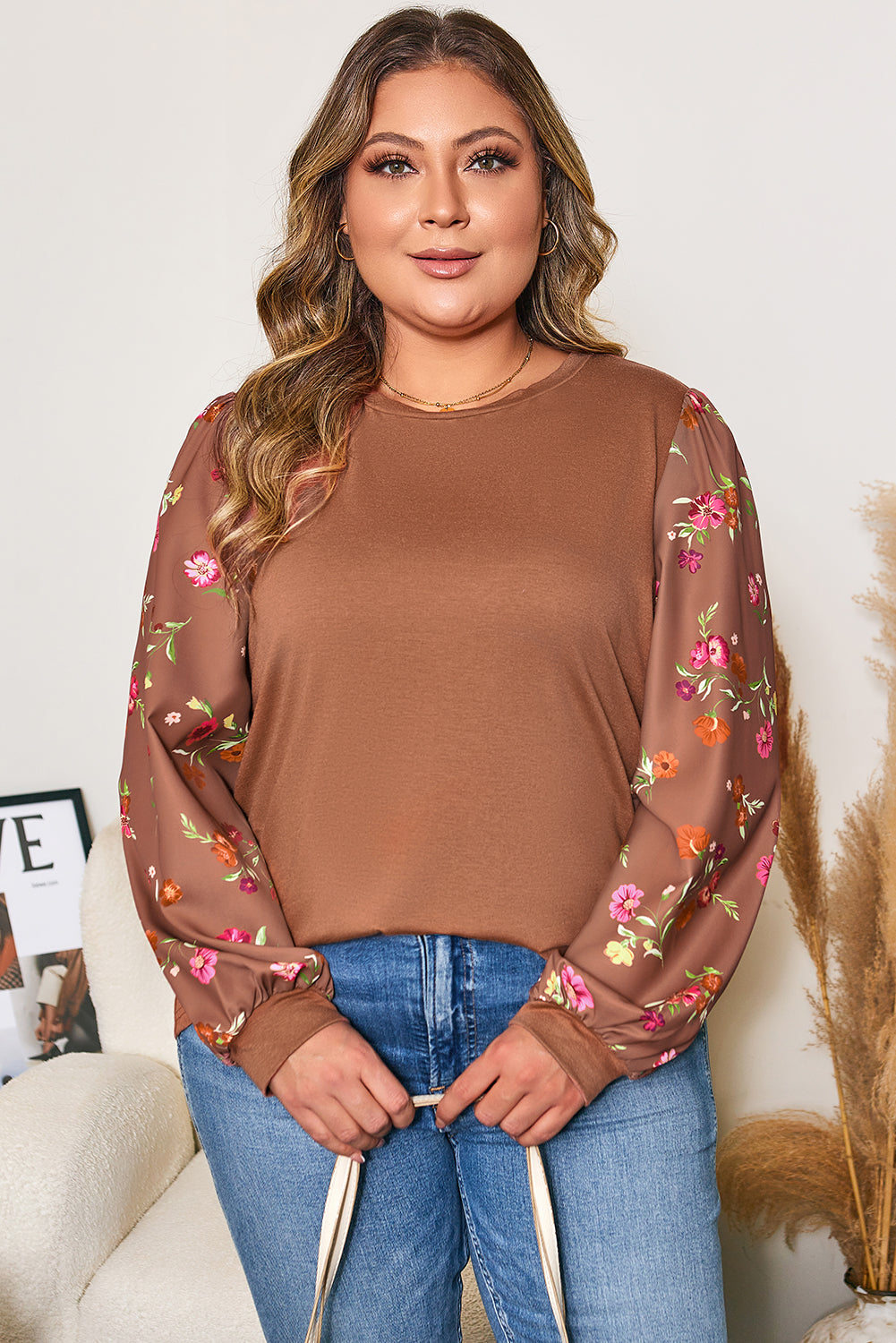 Brown Floral Sleeve Patchwork Round-Neck Plus Blouse