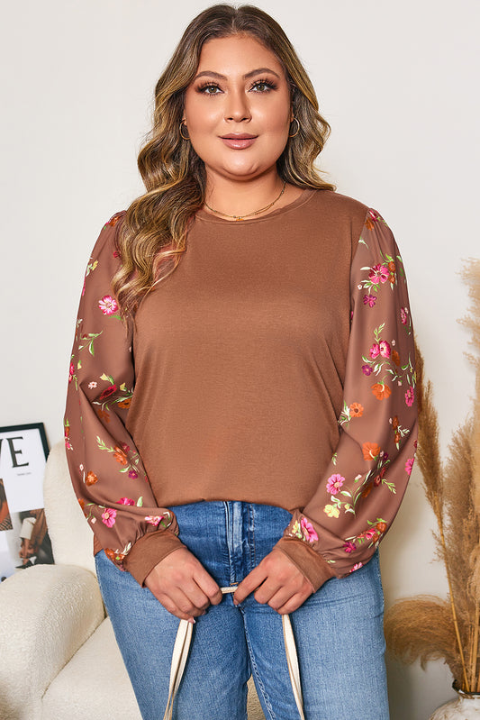 Brown Floral Sleeve Patchwork Round-Neck Plus Blouse
