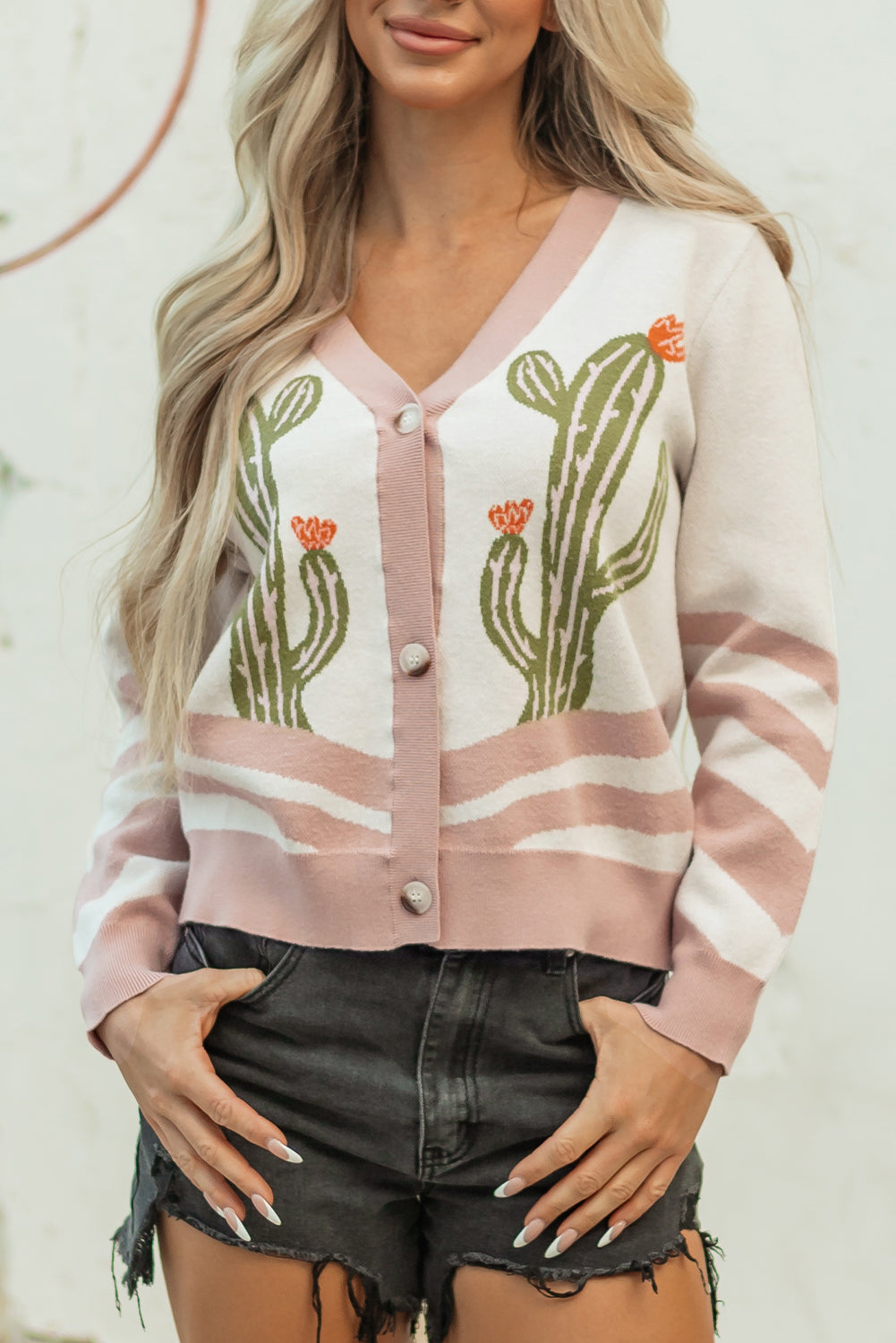 Apricot Desert Cactus Buttoned Front Sweater Cardigan