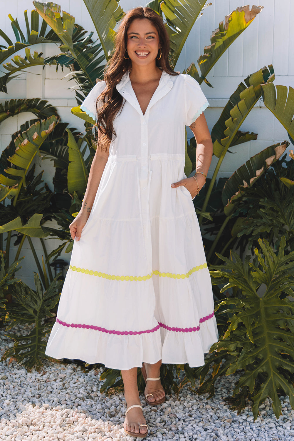 White Colorblock Rickrack Short Sleeve Drawstring Waist Long Dress