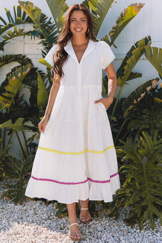 White Colorblock Rickrack Short Sleeve Drawstring Waist Long Dress